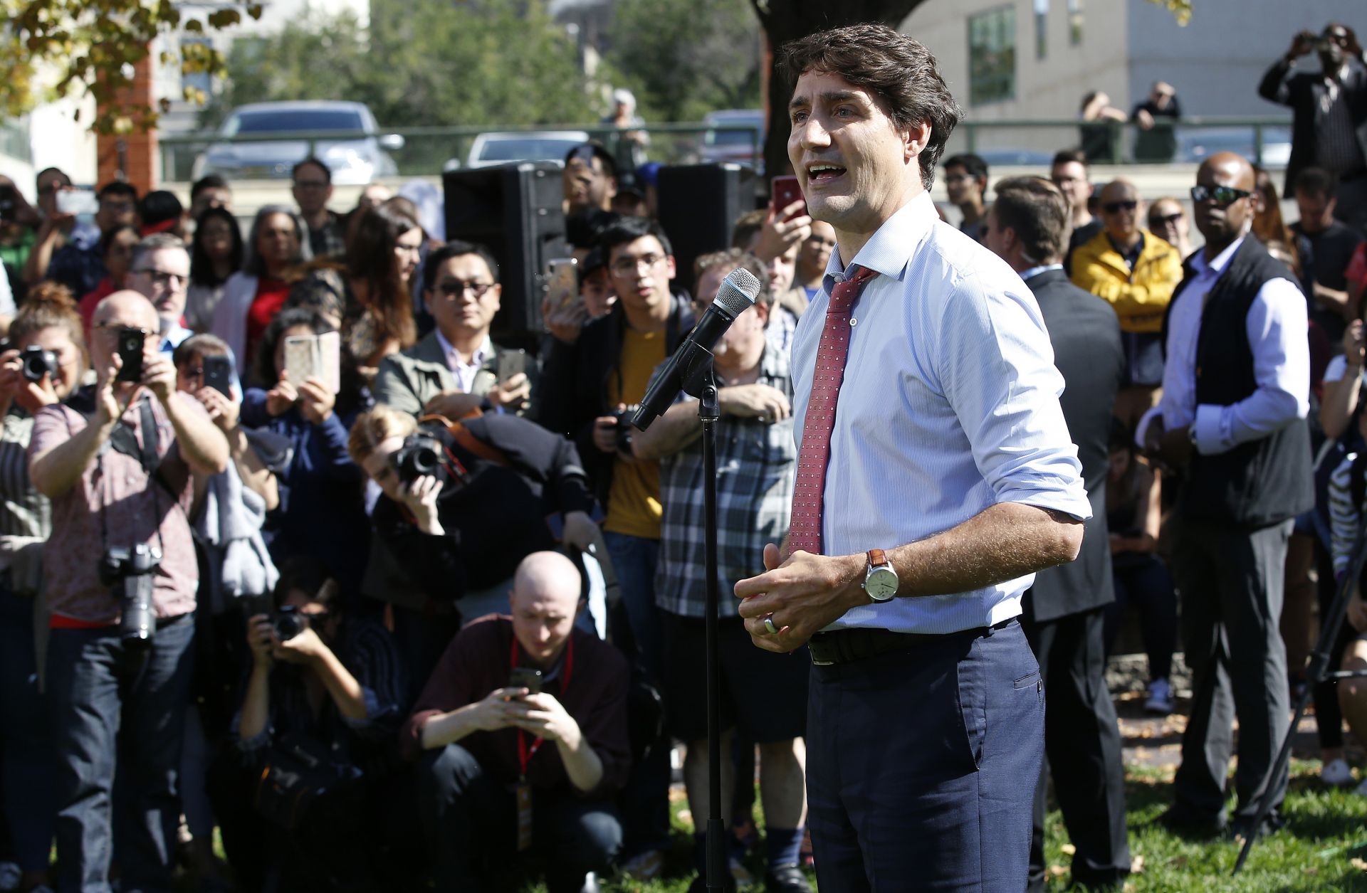 Canadian Prime Minister Justin Trudeau addresses the media in Winnipeg, Manitoba, on Sept. 19, 2019, regarding photos and video that have surfaced in which he is wearing dark makeup.