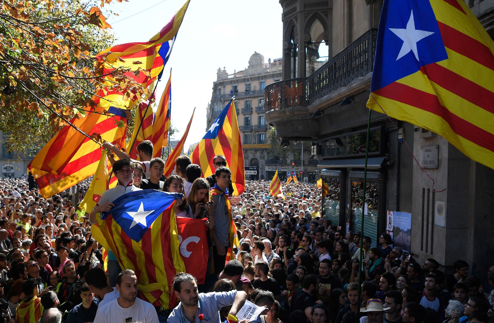 Catalonia's pro-independence flag is on full display during a Sept. 20 protest in Barcelona, Spain.