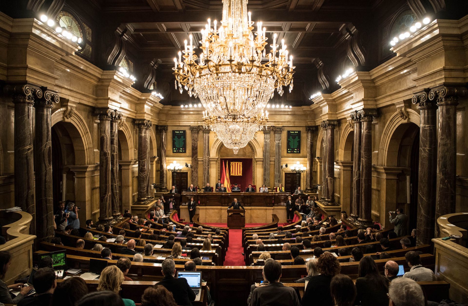 Quim Torra, a strong advocate for Catalan succession, delivers remarks to the regional parliament during his investiture as the region's president on May 14.