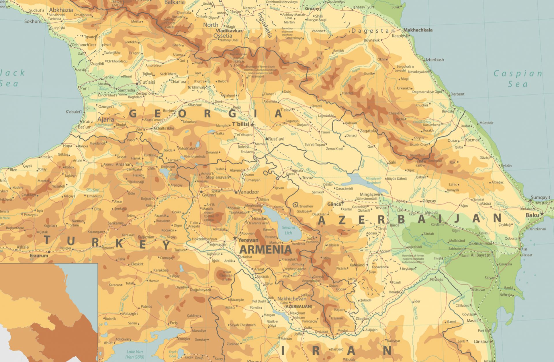 A physical map of the Caucasus