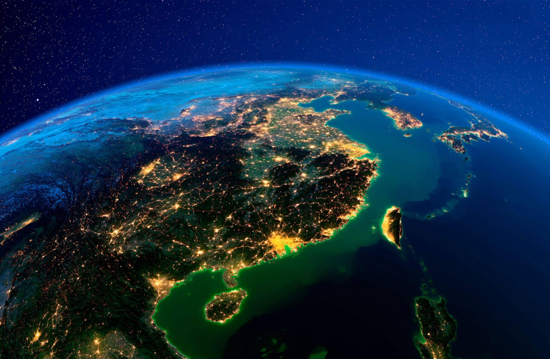 A 3D rendering of eastern China and the island of Taiwan lit by city lights from space. A 3D rendering of eastern China and the island of Taiwan lit by city lights from space.