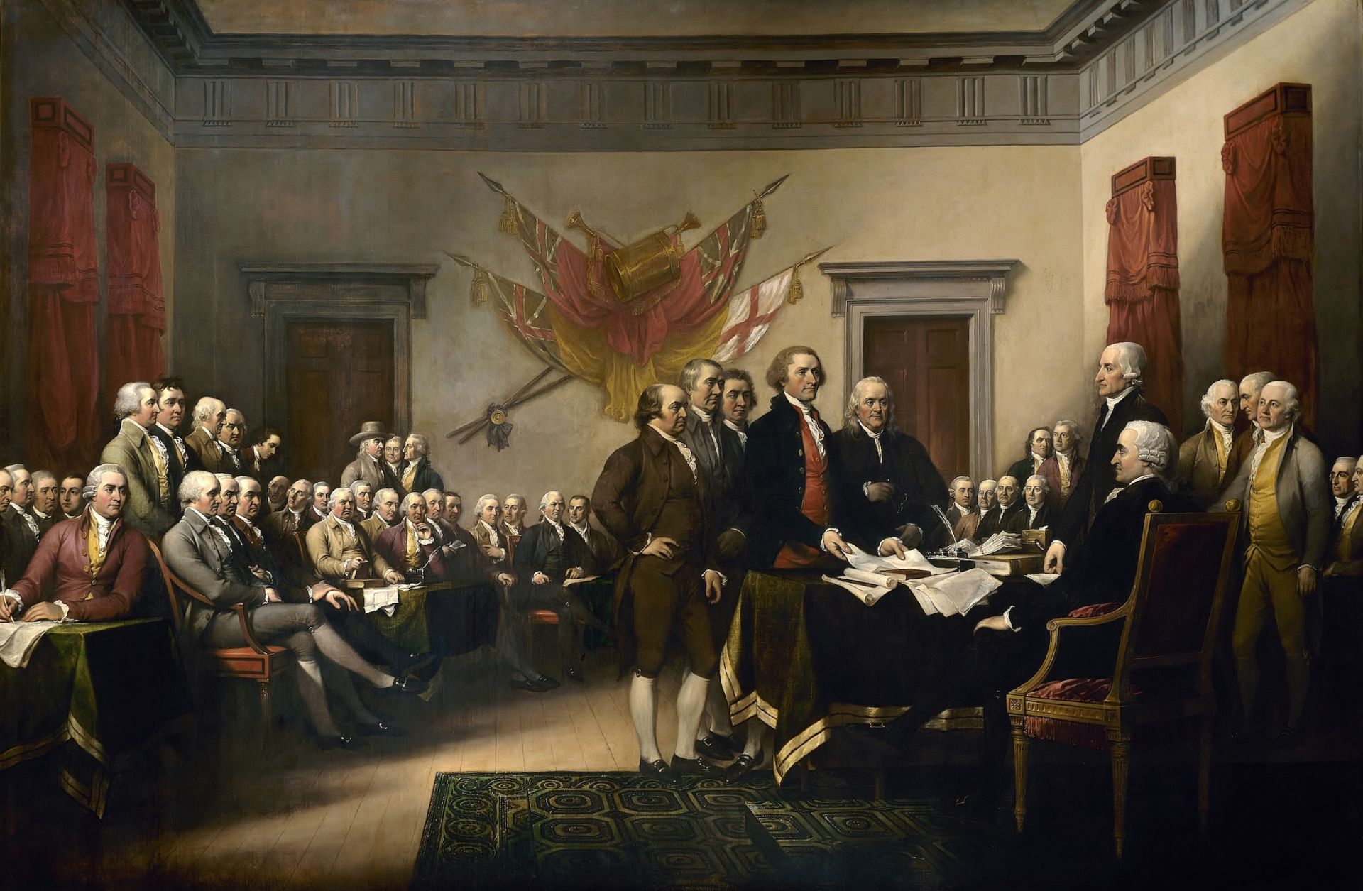 The presentation of the American Declaration of Independence, as depicted in a painting by John Trumbull. 