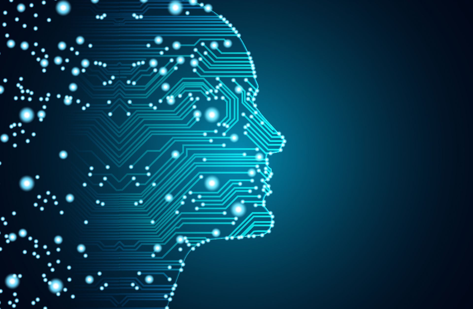 Machine learning and cyber mind domination concept in form of men face outline outline with circuit board and binary data flow on blue background.