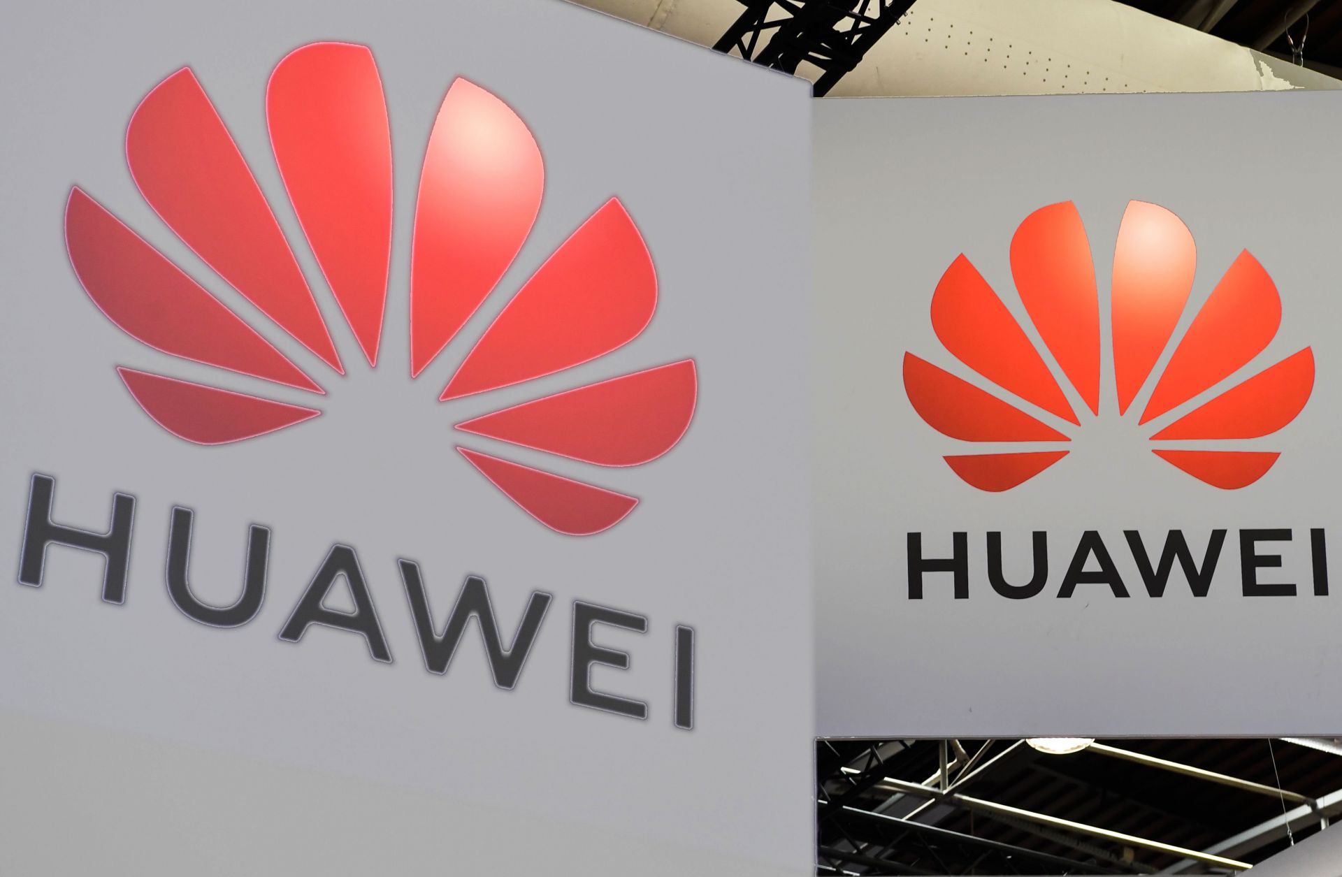 The Huawei logo is displayed at the annual VivaTech conference in Paris on May 16, 2019.