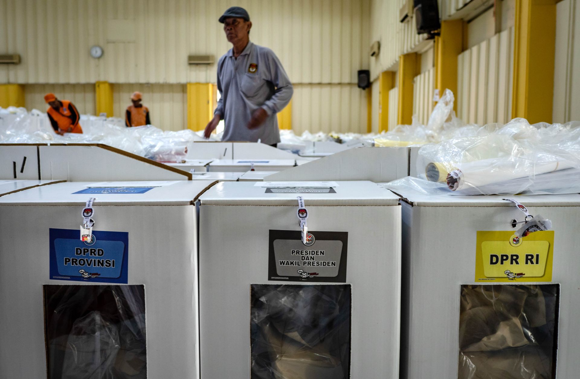 Officials prepare ballot boxes on April 16, 2019, in Jakarta, Indonesia.