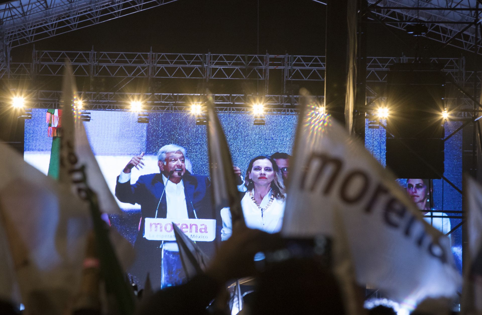 Mexico's new president, Andres Manuel Lopez Obrador, speaks July 1 during a celebration at Zocalo square in Mexico City.
