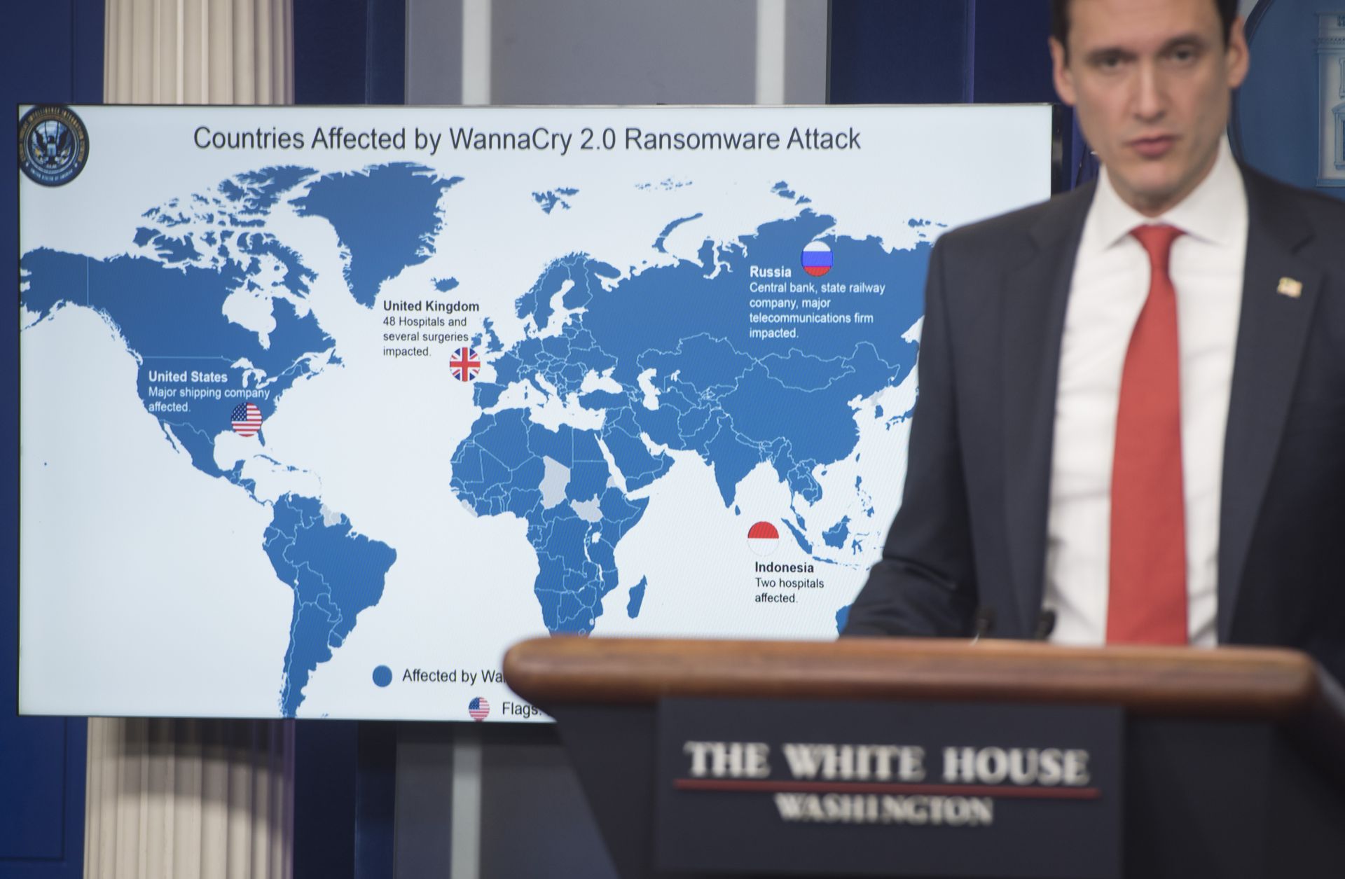 White House homeland security adviser Tom Bossert speaks about the WannaCry virus, which was tied to North Korea, during a briefing at the White House in Washington on Dec. 19, 2017. 