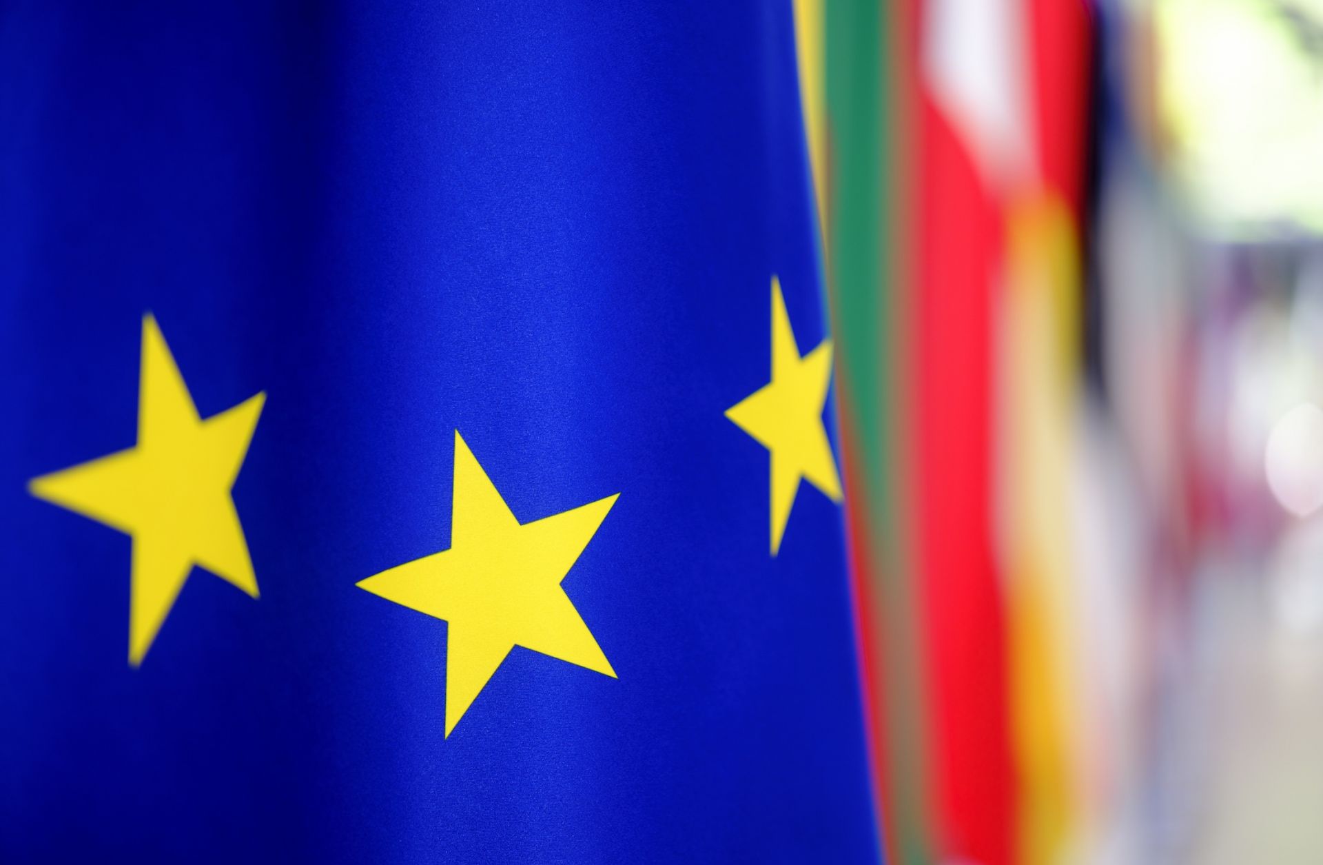 EU flags are displayed in the EU Council headquarters on July 9, 2026, in Brussels, Belgium.