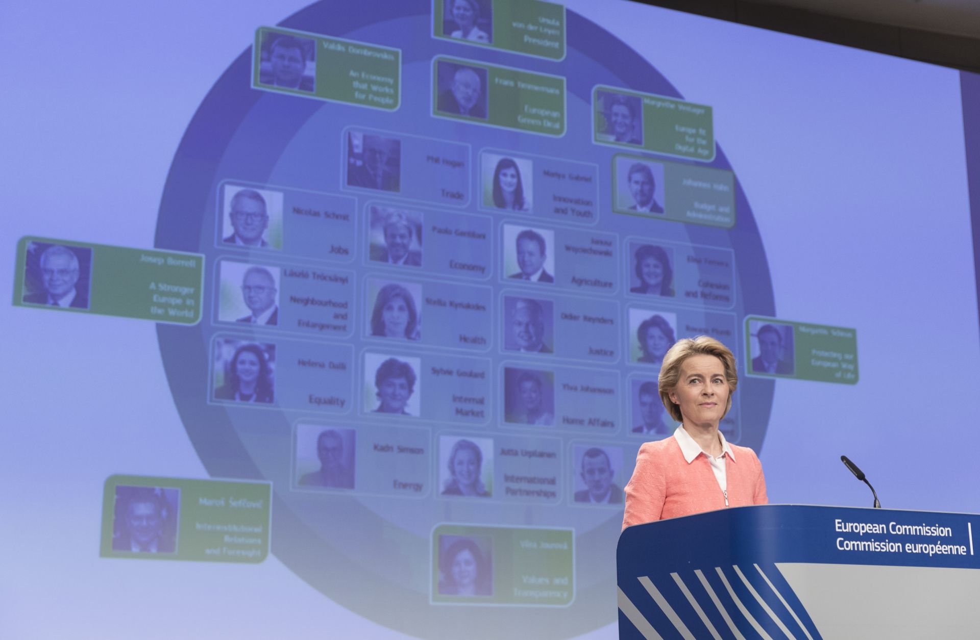 The European Commission's president-elect, Ursula von der Leyen, talks to the media during the unveiling of her new team for the 2019-2024 term. A graphic showing the specific commissioners is displayed on a large screen behind her. 