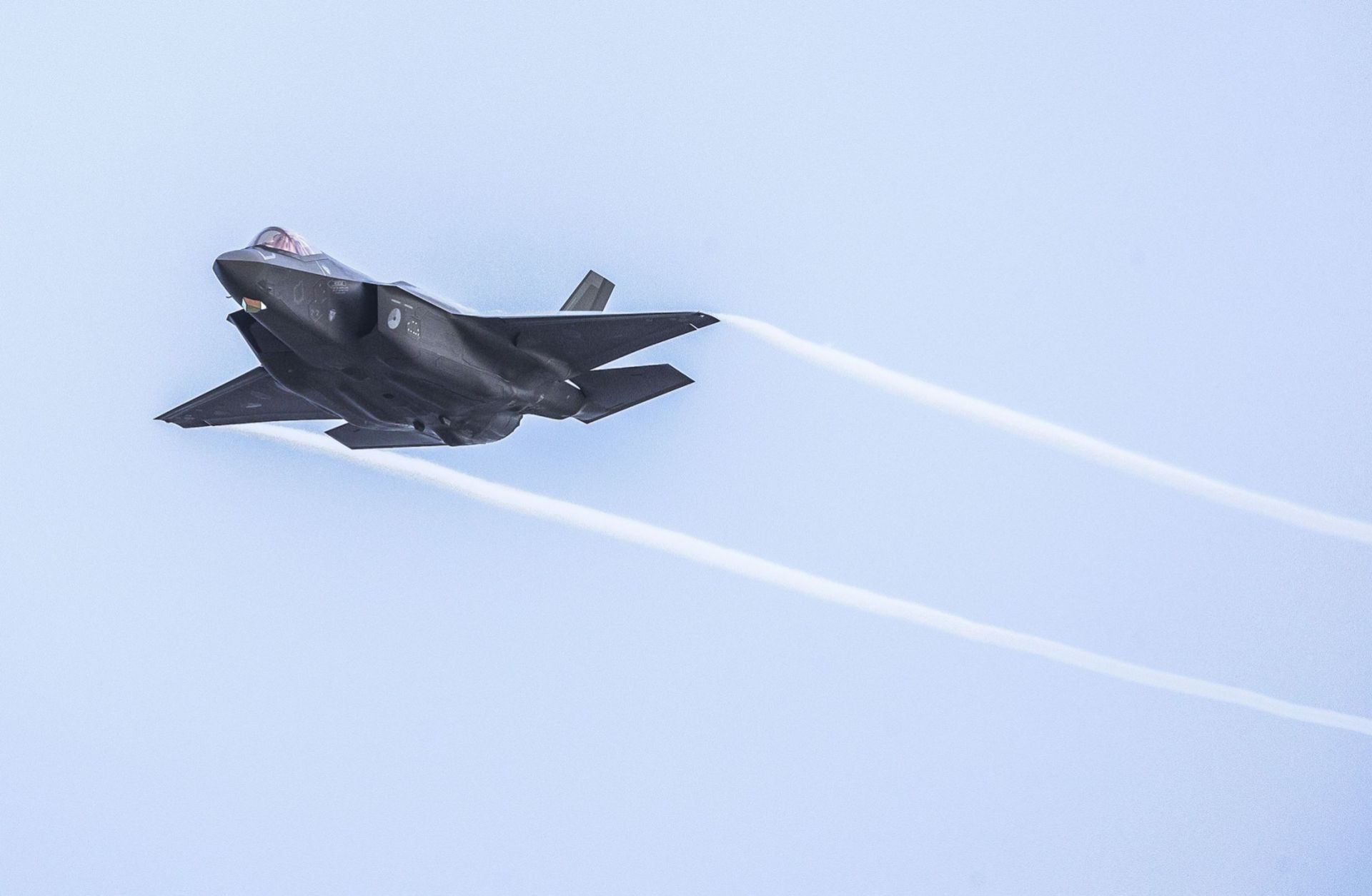 An F-35 military aircraft participates in a NATO training exercise in the Netherlands. An F-35 military aircraft participates in a NATO training exercise in the Netherlands.