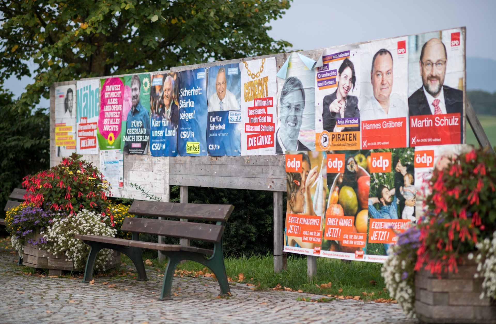 Campaign placards for various parties are seen during German federal elections on Sept. 24, 2017 near Bayrischzell, Germany. Chancellor Angela Merkel's conservative Christian Democratic Union (CDU) won the largest portion of the vote, while another five parties received enough support to gain seats in parliament. With so many voices earning a say, the negotiations could take weeks if not months.