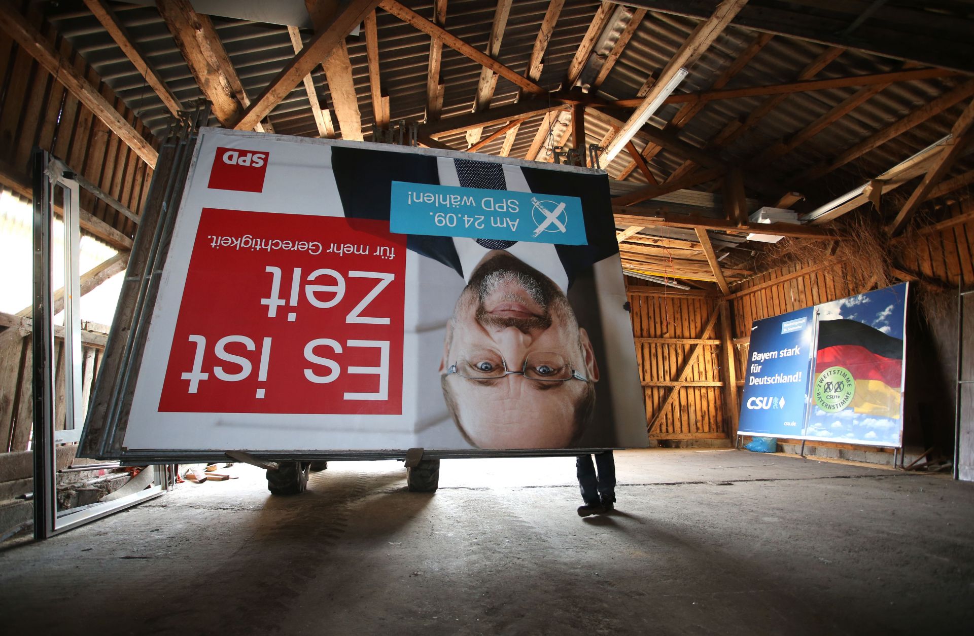 A disassembled election billboard of Martin Schulz, leader of Germany's Social Democratic Party. The SPD won only 20 percent of the vote in Germany's Sept. 24 federal elections.