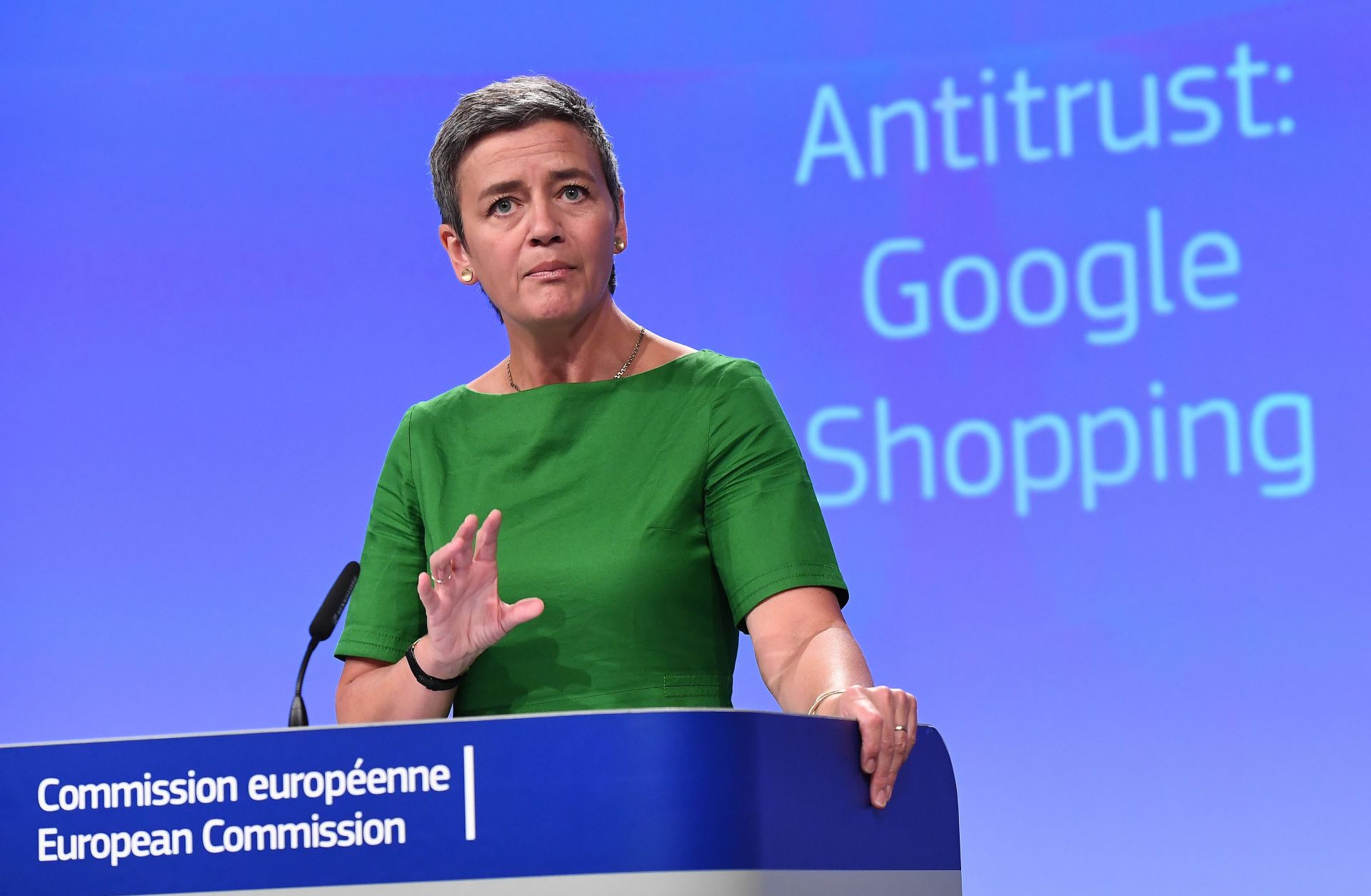 European Commissioner for Competition Margrethe Vestager gives a press conference explaining the commission's antitrust case against Google. 
