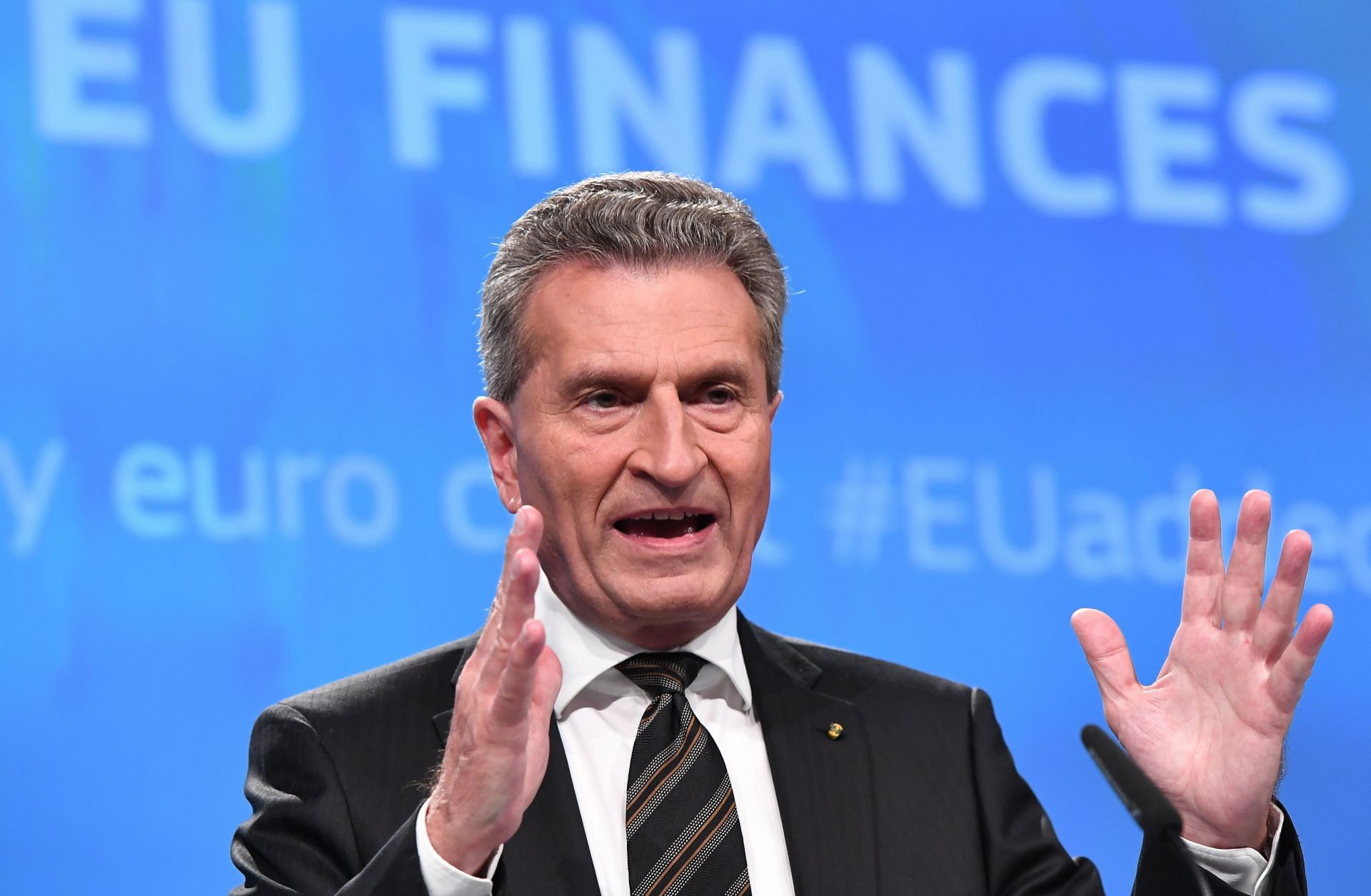 European Union Budget Commissioner Gunther Oettinger speaks in Brussels on June 28, 2017.