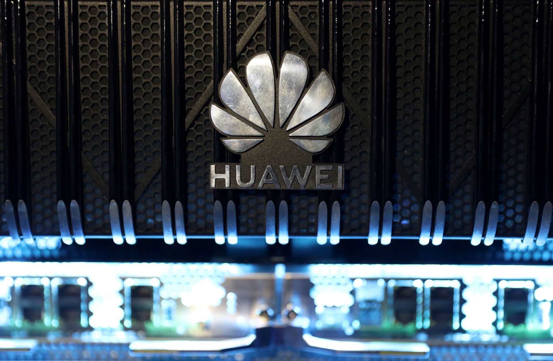 The Huawei logo is pictured on a router during a 5G event in London on Feb. 20, 2020.