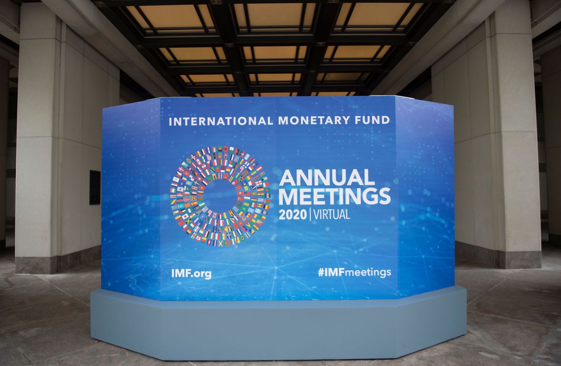 A promotional board for the annual series of meetings between the International Monetary Fund (IMF) and the World Bank is seen outside the IMF headquarters in Washington D.C. on Oct. 13, 2020. A promotional board for the annual series of meetings between the International Monetary Fund (IMF) and the World Bank is seen outside the IMF headquarters in Washington D.C. on Oct. 13, 2020.