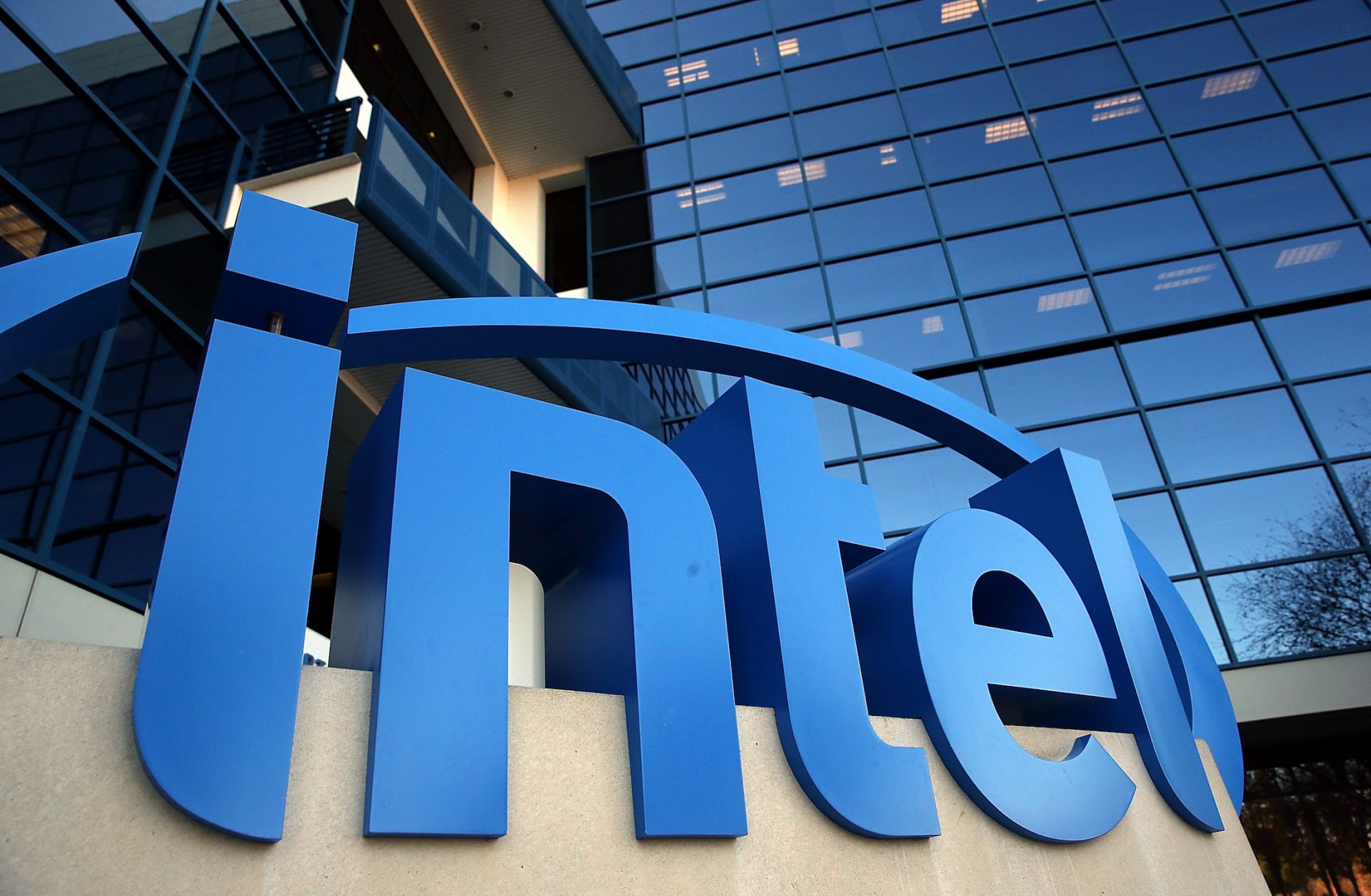 The Intel logo is displayed outside of the company’s headquarters in Santa Clara, California.