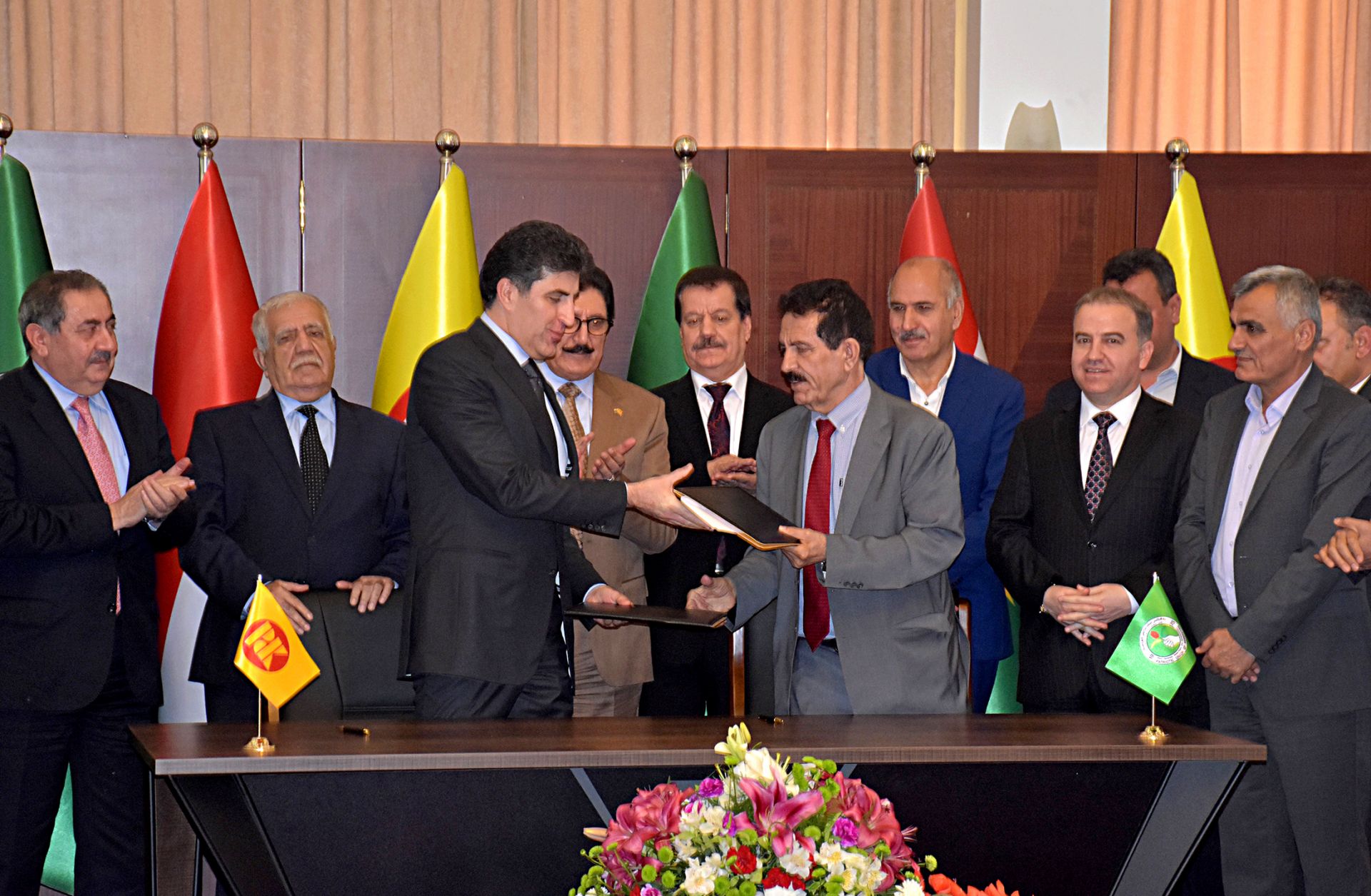 Kurdish officials attend a signing ceremony in Suleimaniyah, Iraq, on May 5, 2019.