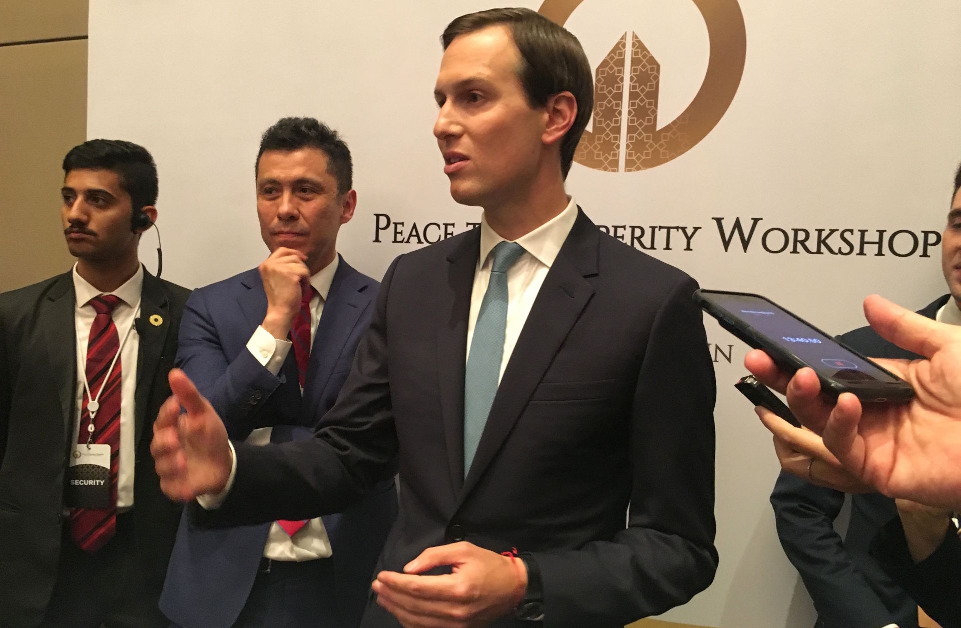Jared Kushner, President Donald Trump's son-in-law and adviser, discusses the U.S.-sponsored Middle East "Peace to Prosperity Workshop" with reporters in the Bahraini capital of Manama on June 26, 2019.