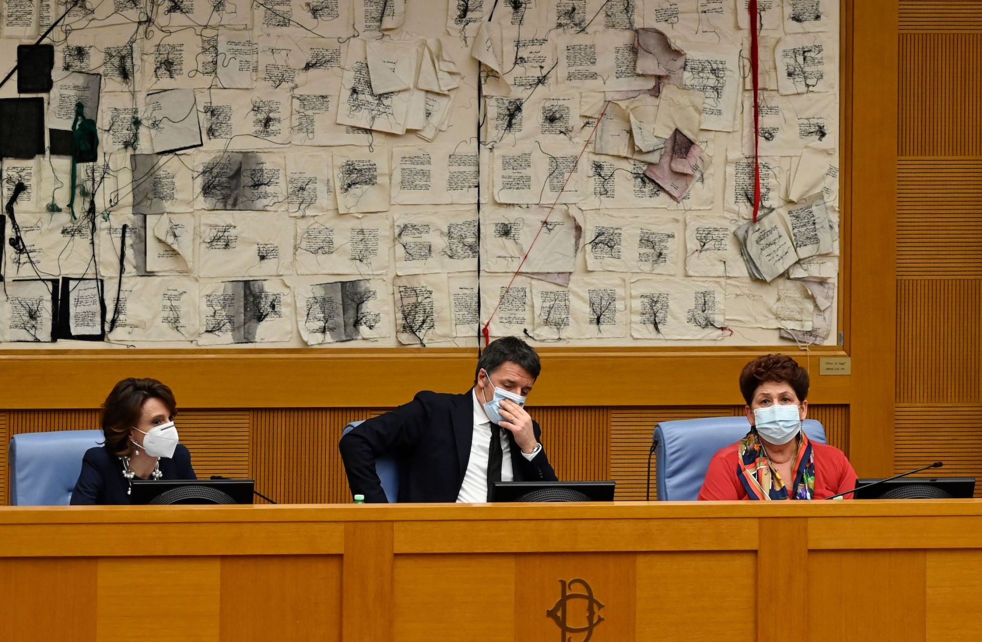 Italy’s former prime minister and current leader of the Italy Alive party, Matteo Renzi (center), holds a press conference with outgoing ministers Elena Bonetti (left) and Teresa Bellanova (right) on Jan. 13, 2021. 