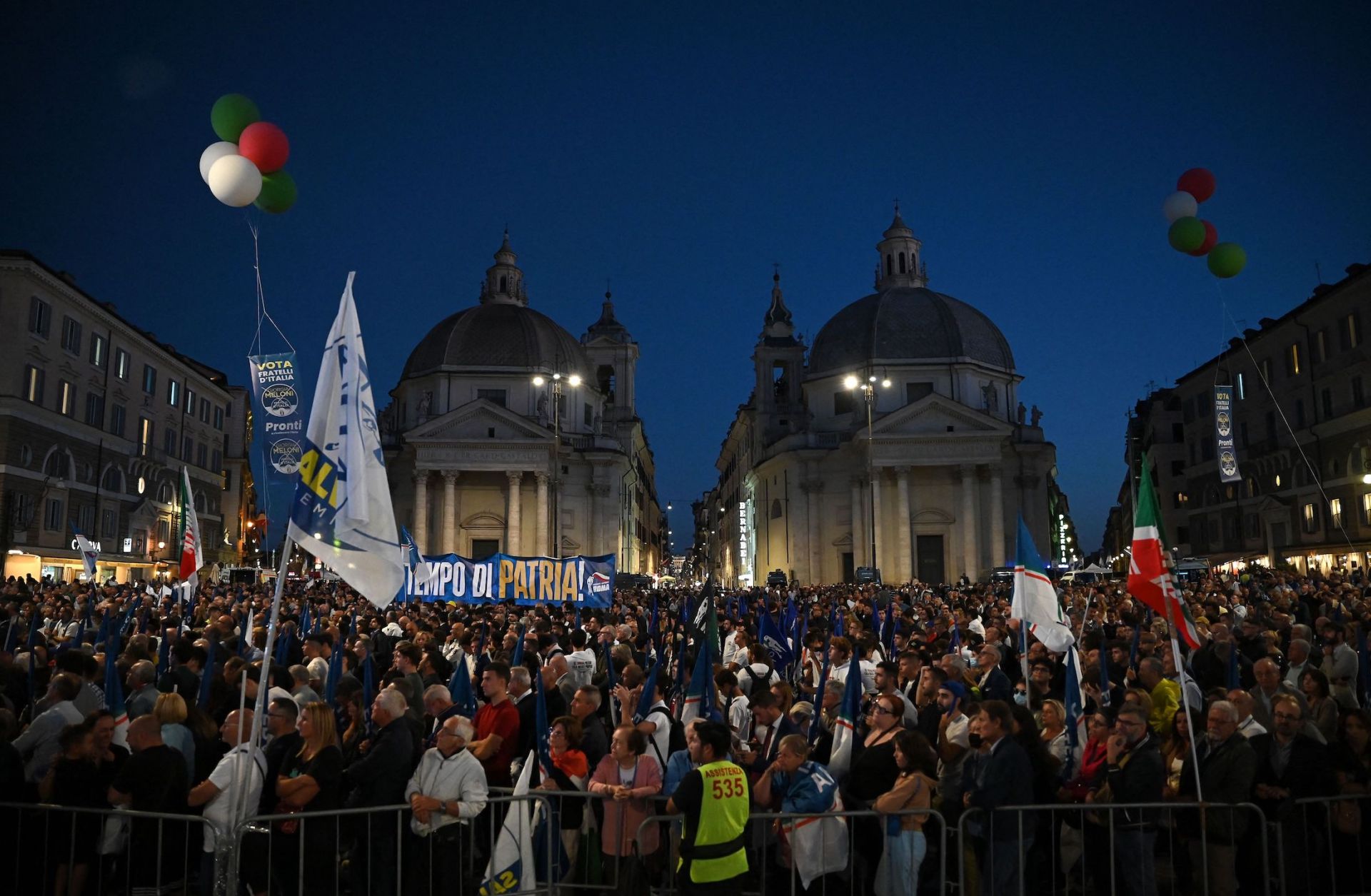 A joint rally of Italy's right-wing parties Brothers of Italy, Lega and Forza Italia takes place at Piazza del Popolo in Rome on Sept. 22, 2022.