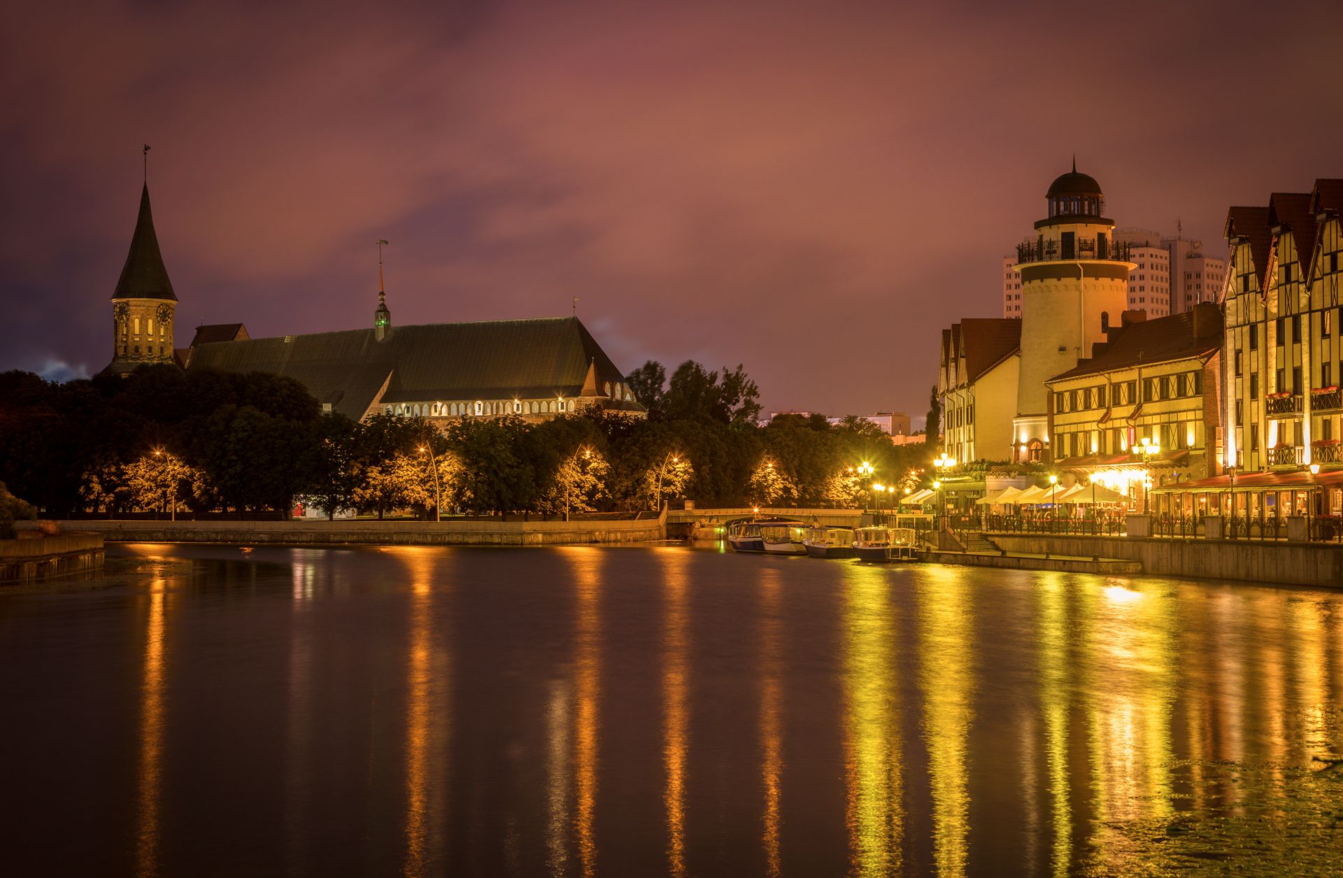 Konigsberg Cathedral and the Pregolya River are seen in this nighttime shot in Kaliningrad.