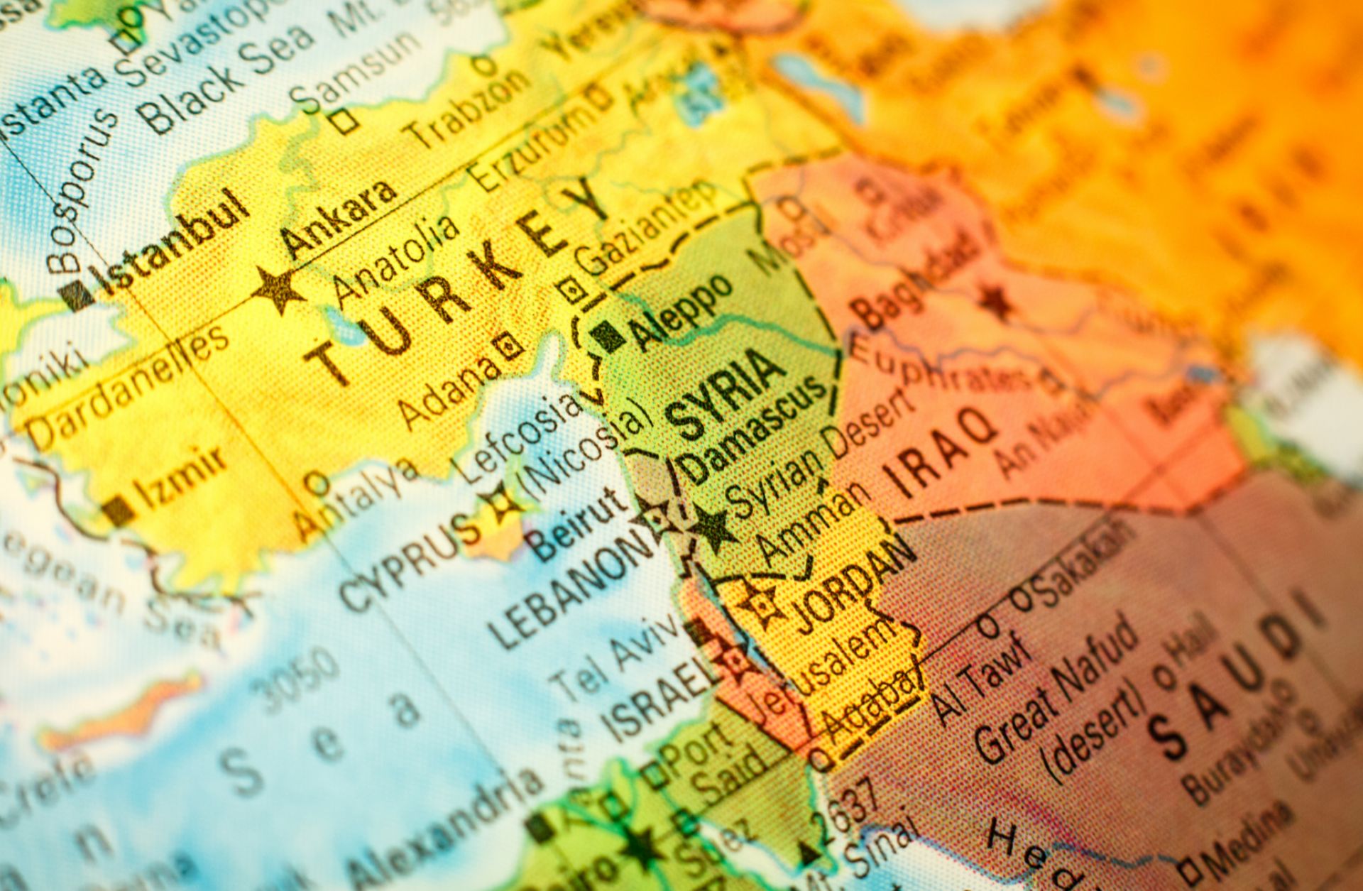 A map shows the Middle East, including Turkey and Israel.