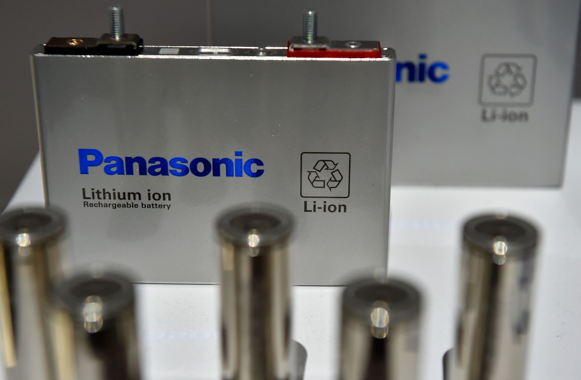 A lithium ion battery is on display at a technology trade show in the united states. 