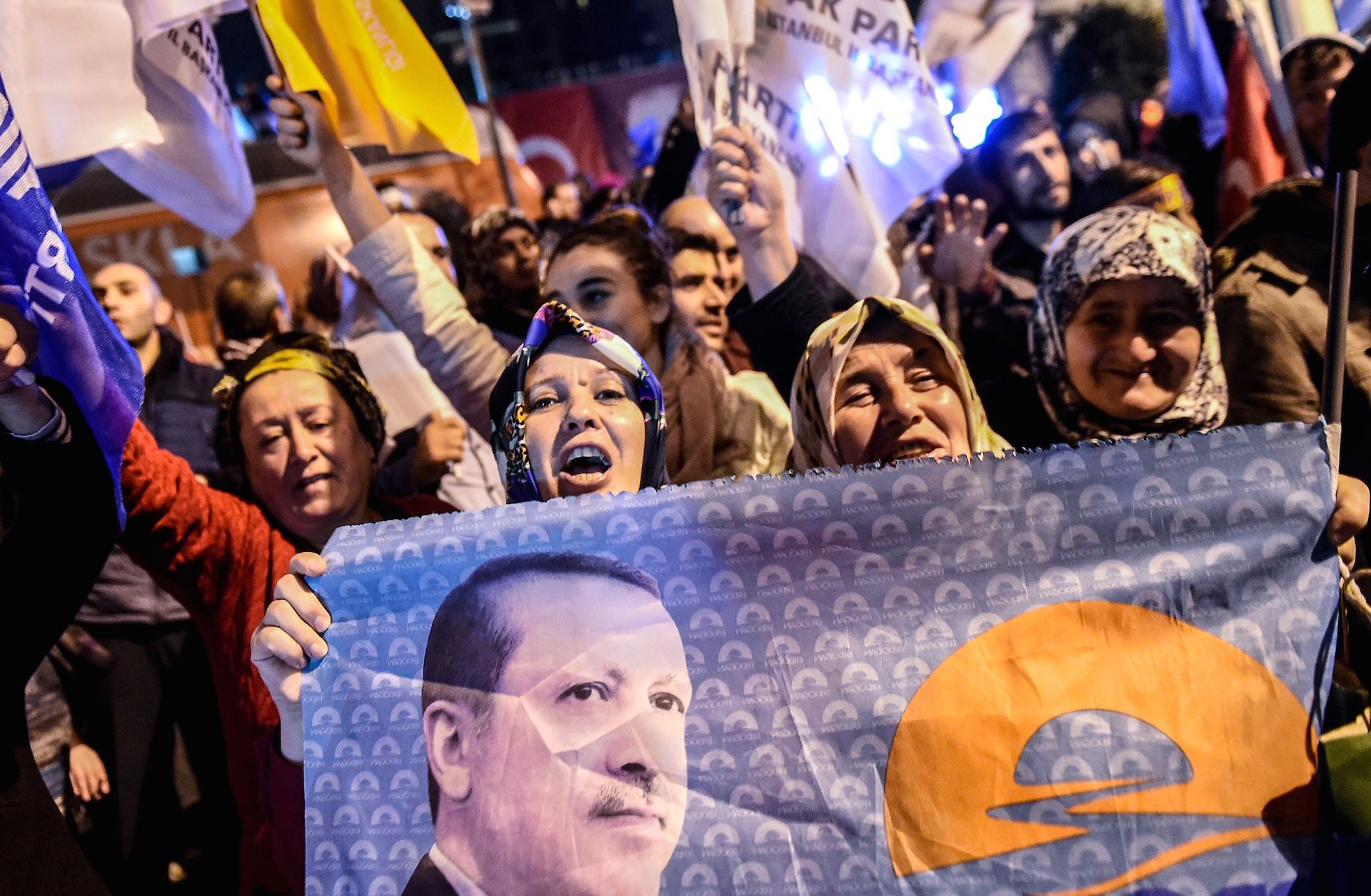 Supporters of Turkey's Justice and Development Party (AKP) celebrate in Istanbul