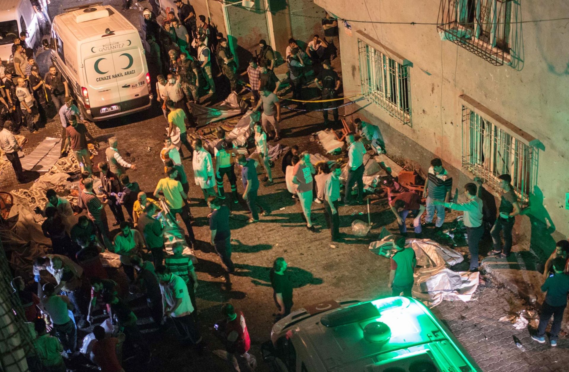 The scene of an explosion on Aug. 20, 2016, in Gaziantep, Turkey, after a late-night militant attack on a wedding party that Turkish President Recep Tayyip Erdogan said the Islamic State was behind.
