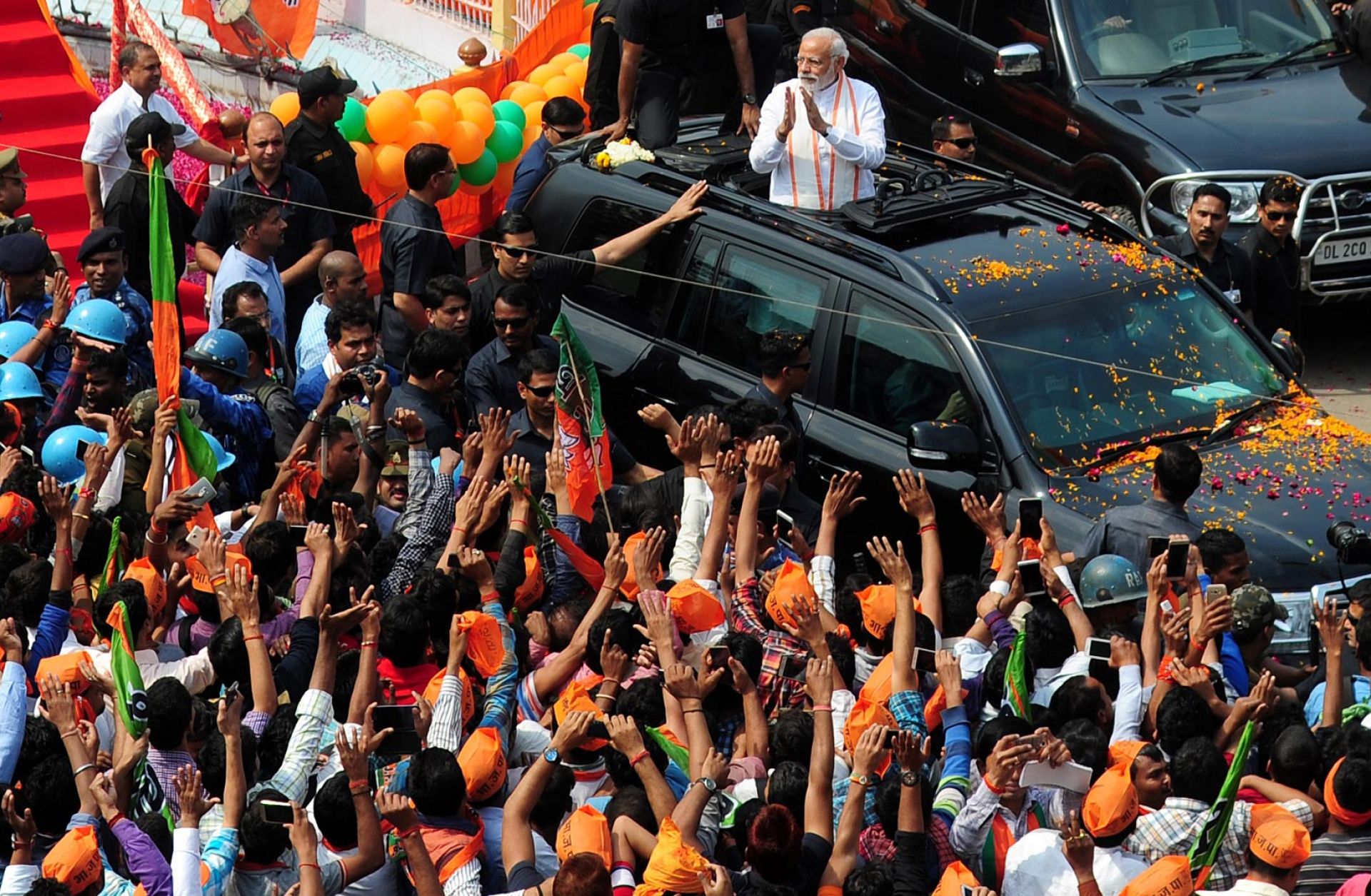 A picturing showing Indian Prime Minister Narendra Modi on the campaign trail in Uttar Pradesh to rally support for his Bharatiya Janata Party ahead of elections in the state, India's most populous.