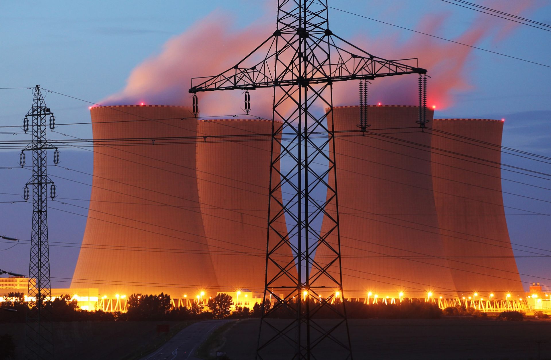 Streetlights illuminate the four cooling towers of the Temelin nuclear power plant in the Czech Republic in 2011.