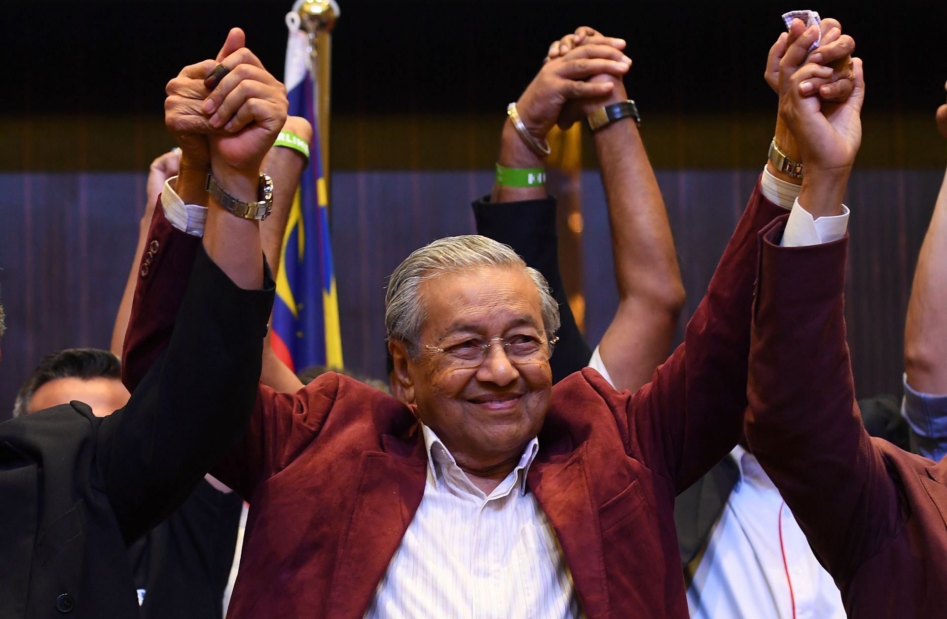Mahathir Mohamad, who served as Malaysia's prime minister from 1981-2003, celebrates his victory and return to power in the country's election in May 2018.