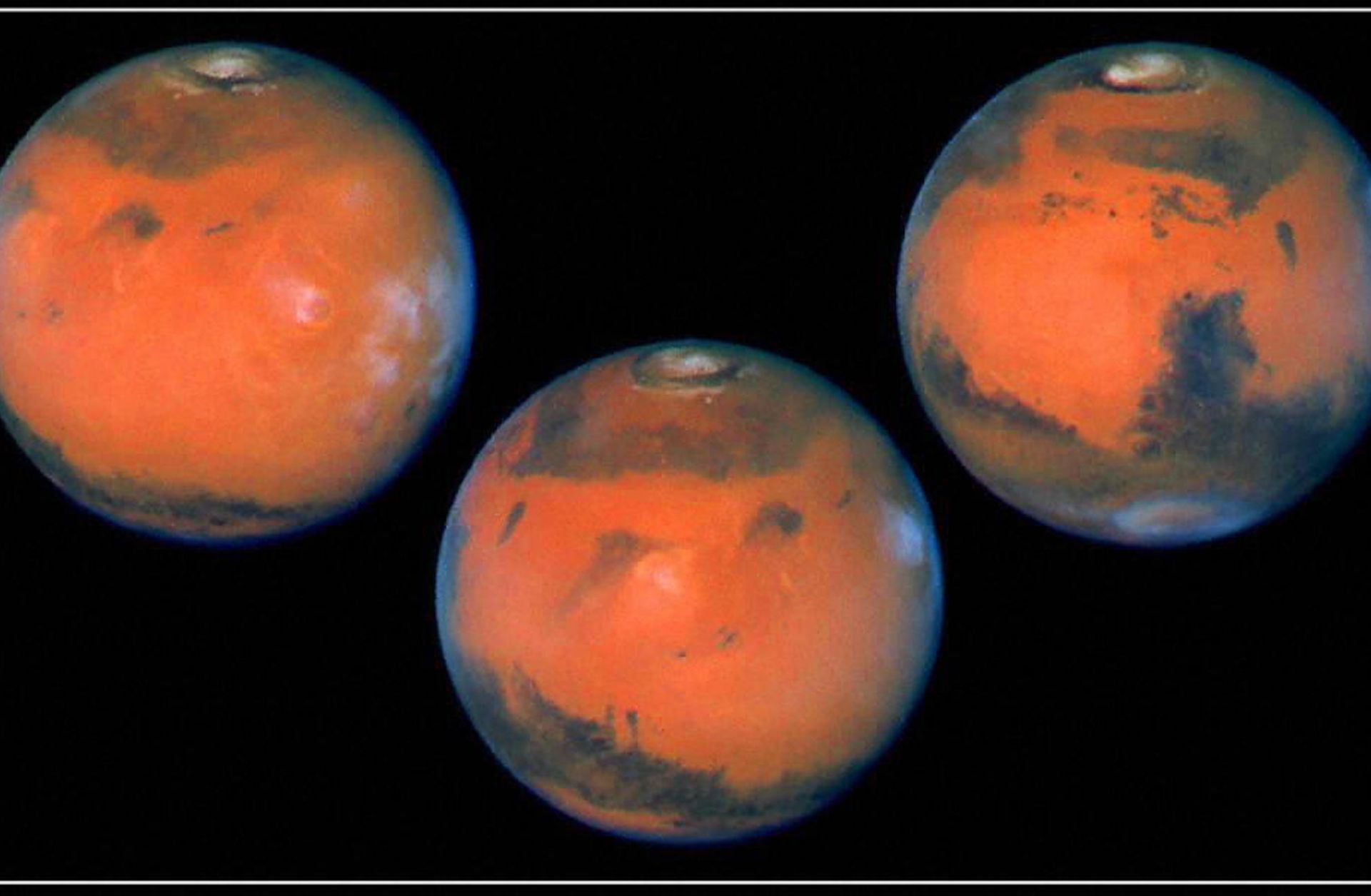 A NASA photo shows a full rotation of the planet Mars as seen through the recently upgraded Hubble Telescope using the wide-field planetary camera. The photos were taken six hours apart, which allows for almost full planetary coverage.