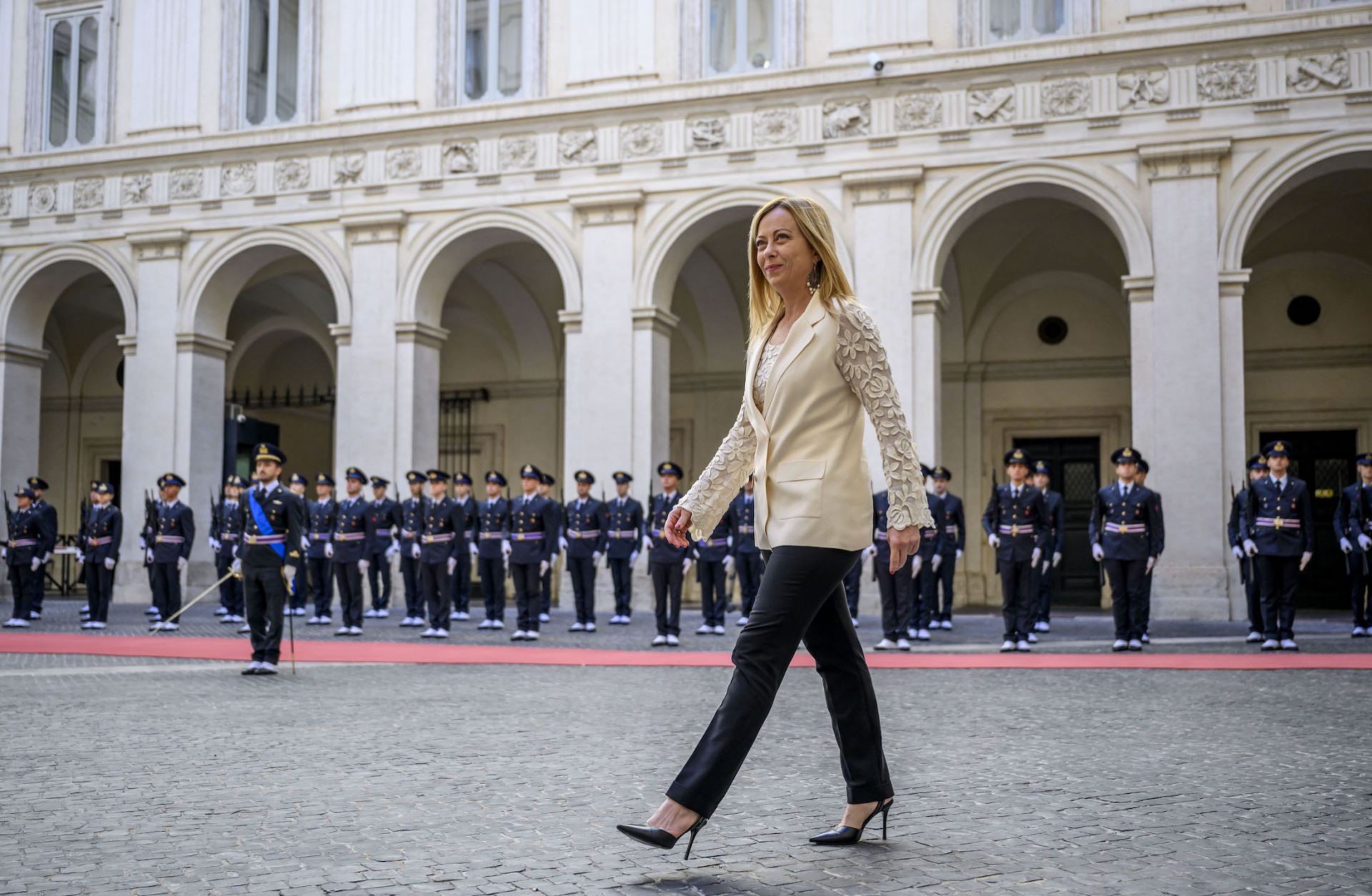 Italian Prime Minister Giorgia Meloni waits to welcome Bahrain's king (not pictured) at Palazzo Chigi in Rome, Italy, on Oct. 17, 2023. 