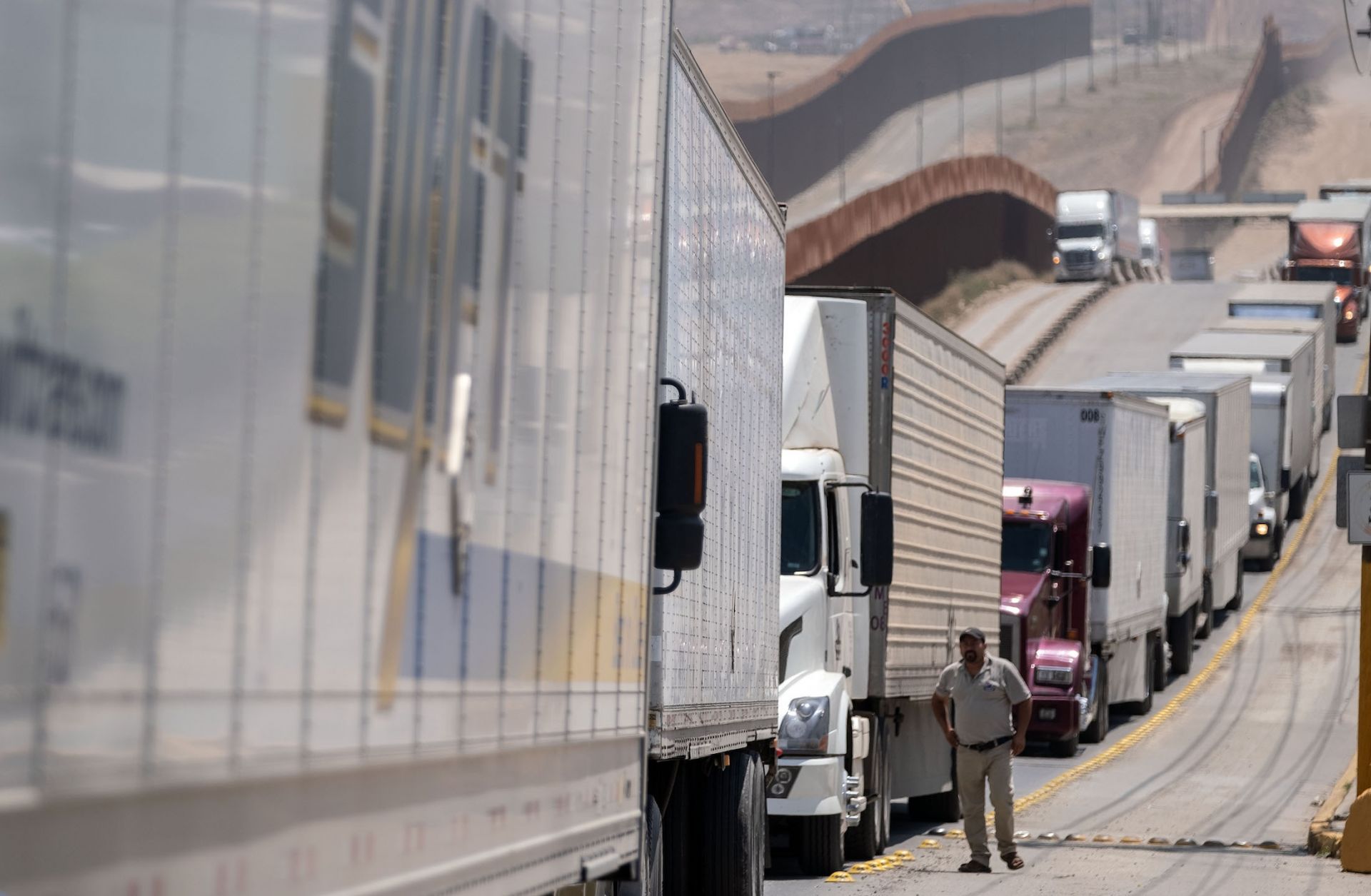 Cargo trucks line up a the Otay commercial crossing in Tijuana, Baja California, in Mexico.