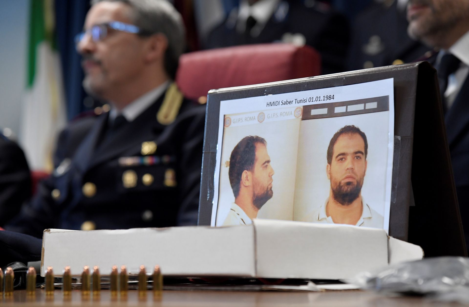 Hmidi Saber was arrested on January 10, 2017 in an anti-terrorism operation called 'Black Flag'. The mugshot of Hmidi Saber, a suspected member of Ansar al-Sharia is displayed at a press conference.