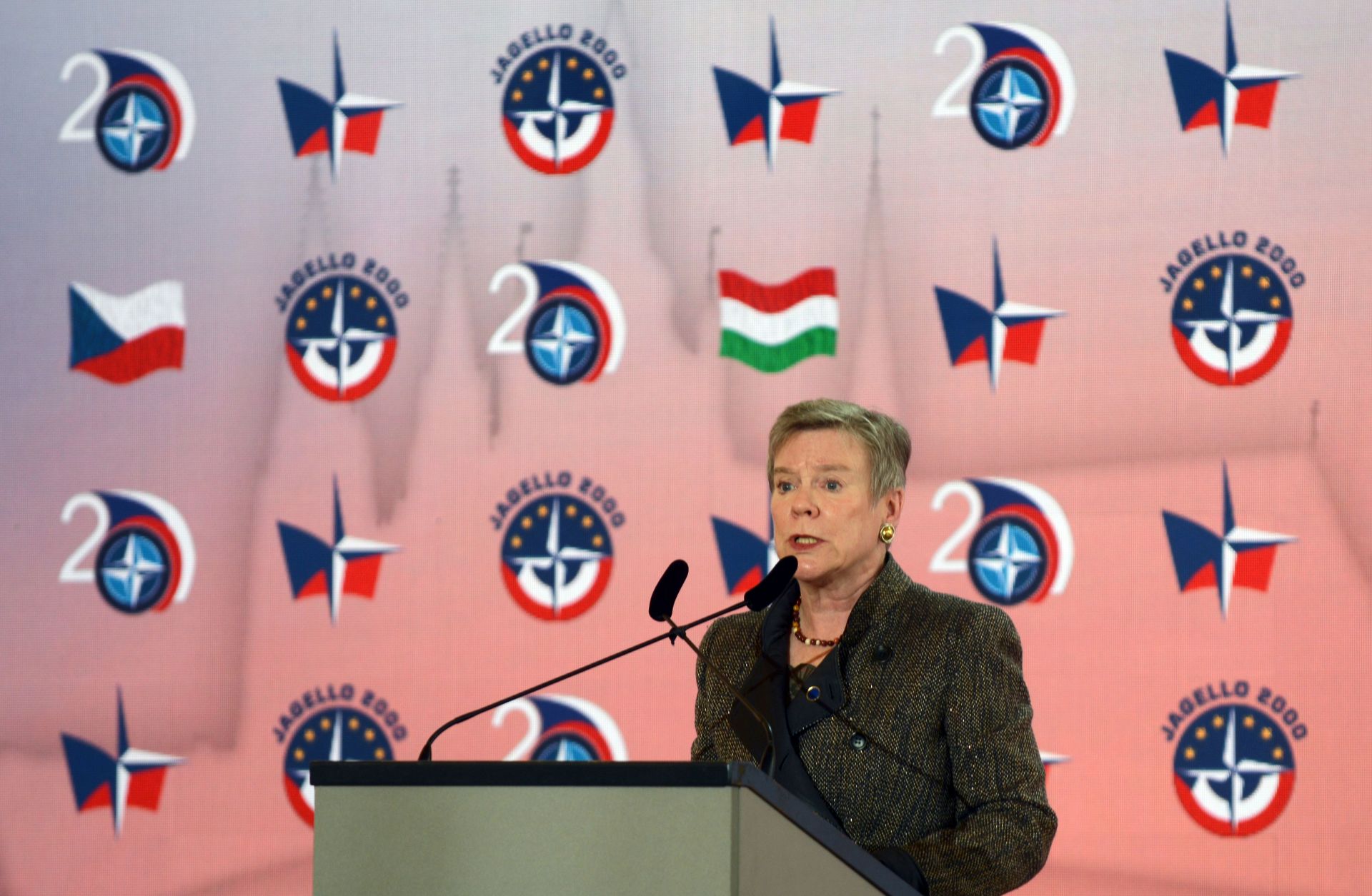 This photo shows Rose Gottemoeller, deputy secretary-general of NATO, delivering a speech in Prague, Czech Republic, on the occasion of the 20th anniversary of the military alliance's eastward expansion.
