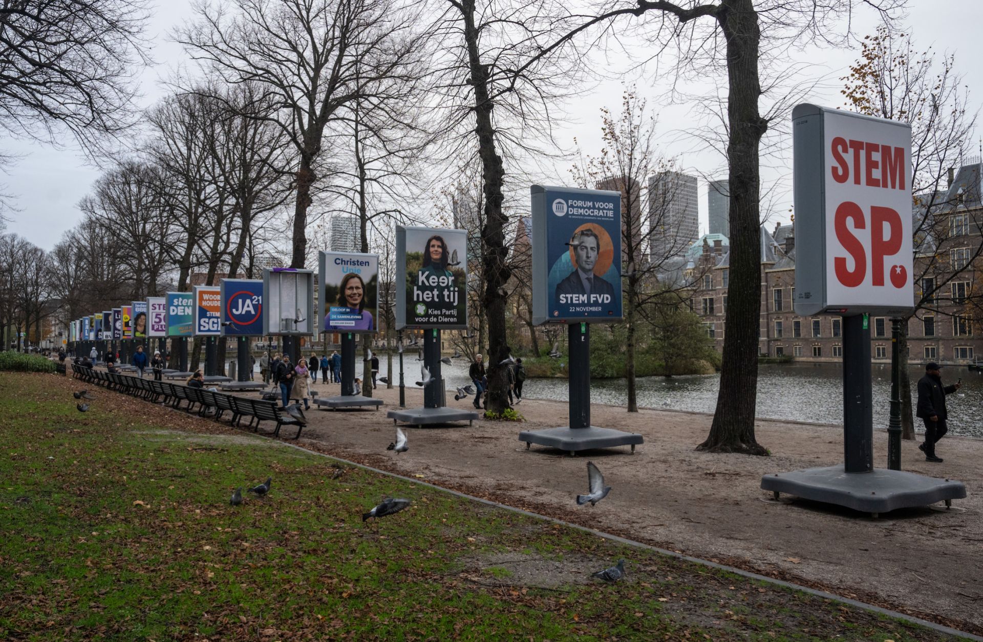 Posters for different political parties are displayed near the Dutch parliament building on November 19, 2023, ahead of the country's general election.