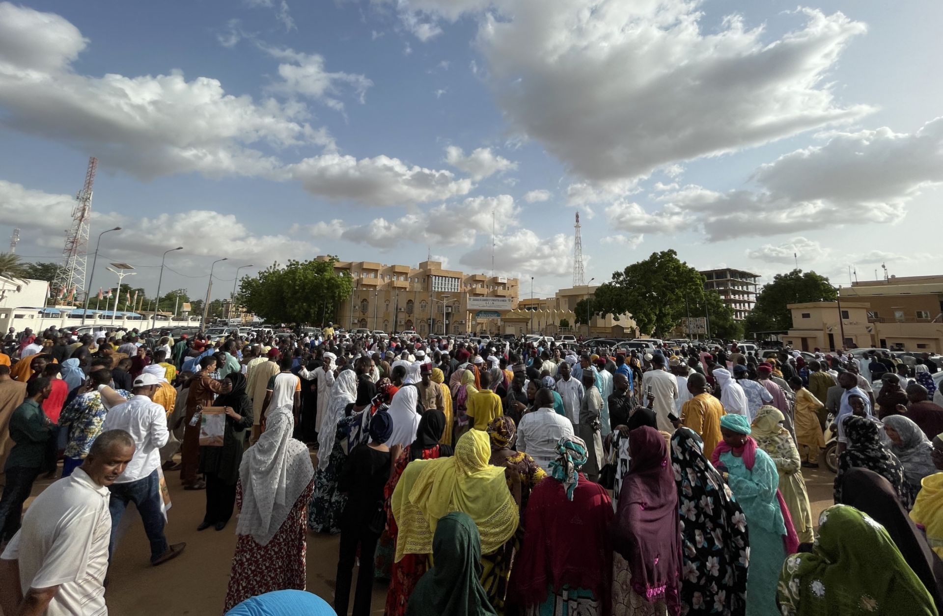 Nigeriens gather to show their support for President Mohamed Bazoum in Niamey, Niger, on July 26, 2023, after he was detained by guards earlier in the day. 