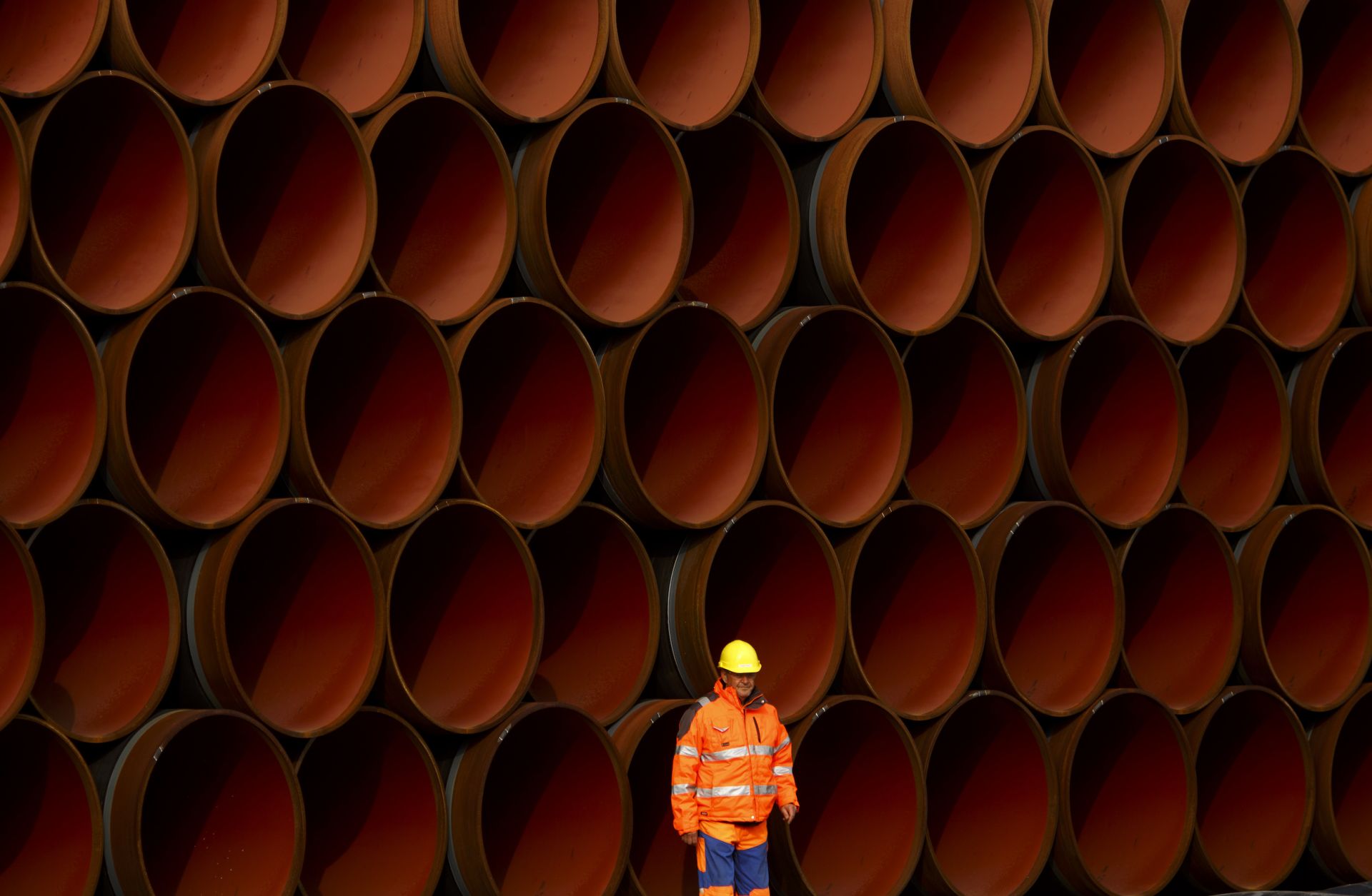 Pipes for the Nord Stream 2 pipeline lie stacked in Sassnitz, Germany, on Oct. 19, 2017.
