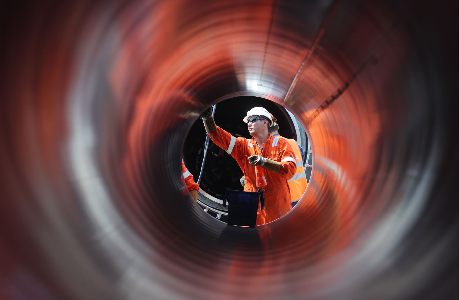 Construction of the Nord Stream 2 pipeline in Russia. A worker constructs a section of the Nord Stream 2 natural gas pipeline near Kingisepp, Russia.
