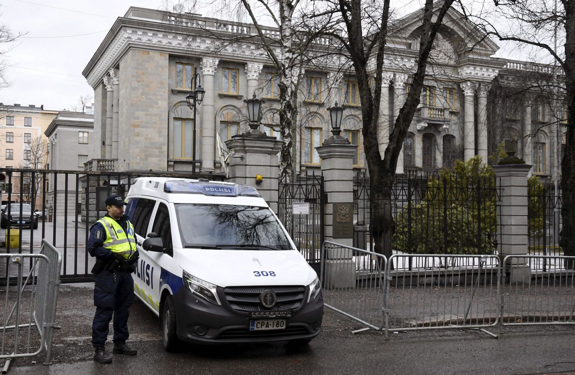 Police on April 8, 2022 guard the Russian Embassy in Helsinki, Finland. Amid the intense global media coverage of the military conflict in Ukraine, another battle is being waged largely in the shadows: Russia's spy network across Europe is being decimated. 