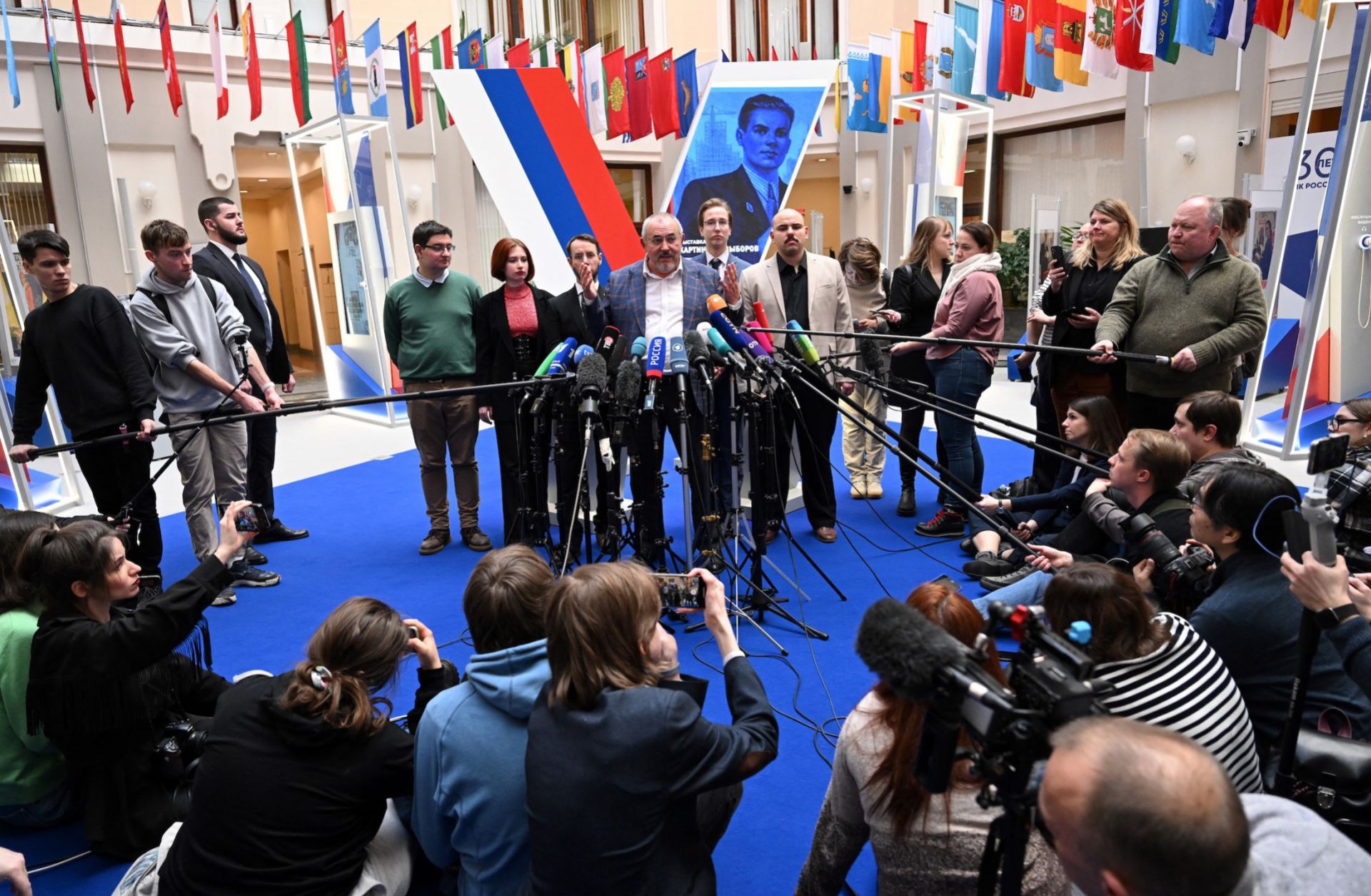 Boris Nadezhdin, the Civic Initiative Party presidential hopeful, speaks to journalists following a meeting at the Central Election Commission in Moscow on Feb. 8, 2024. 