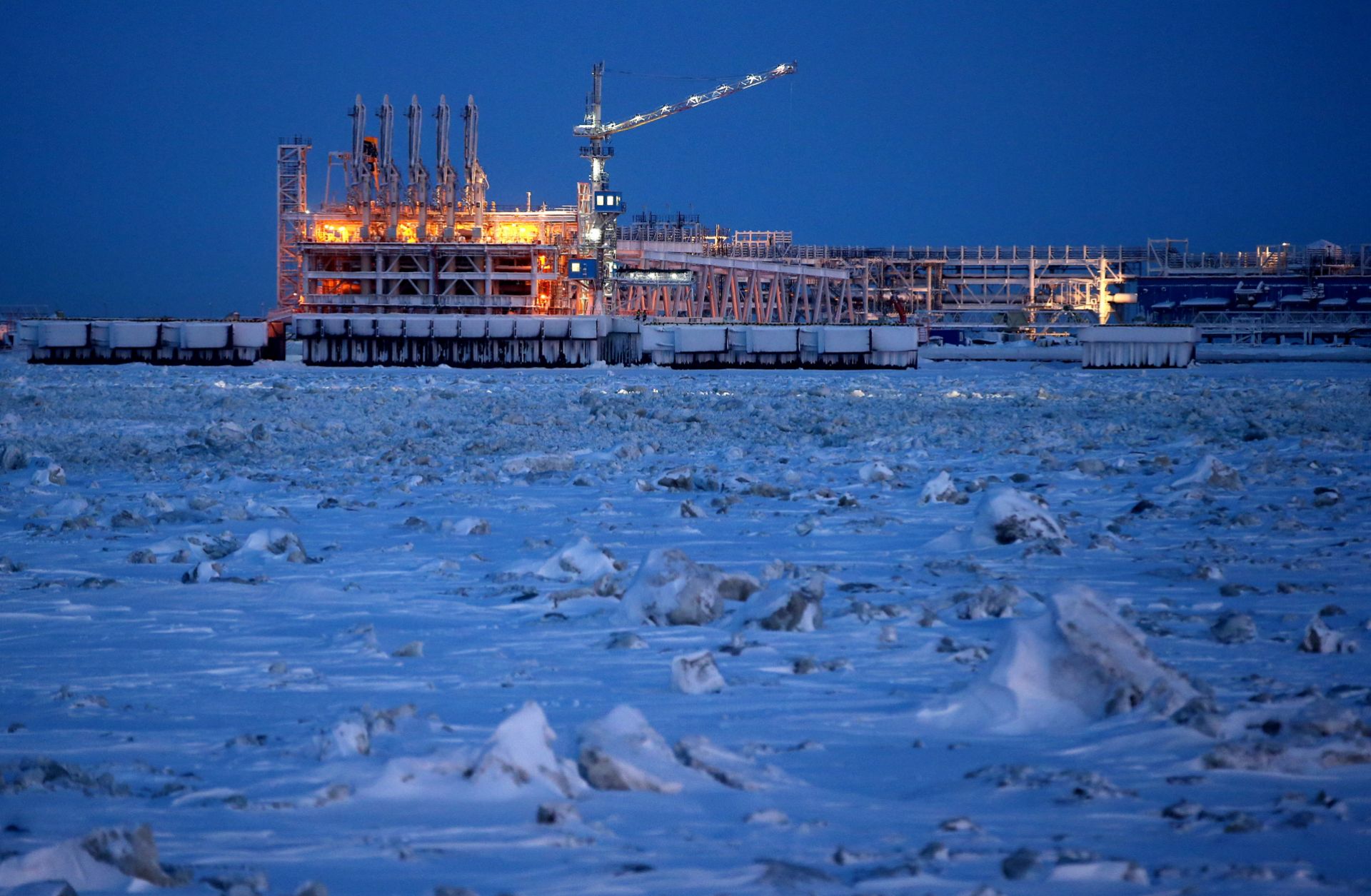 This photo from Feb. 25, 2017, shows the construction site of the second mooring facility of the Yamal LNG plant in the village of Sabetta. 
