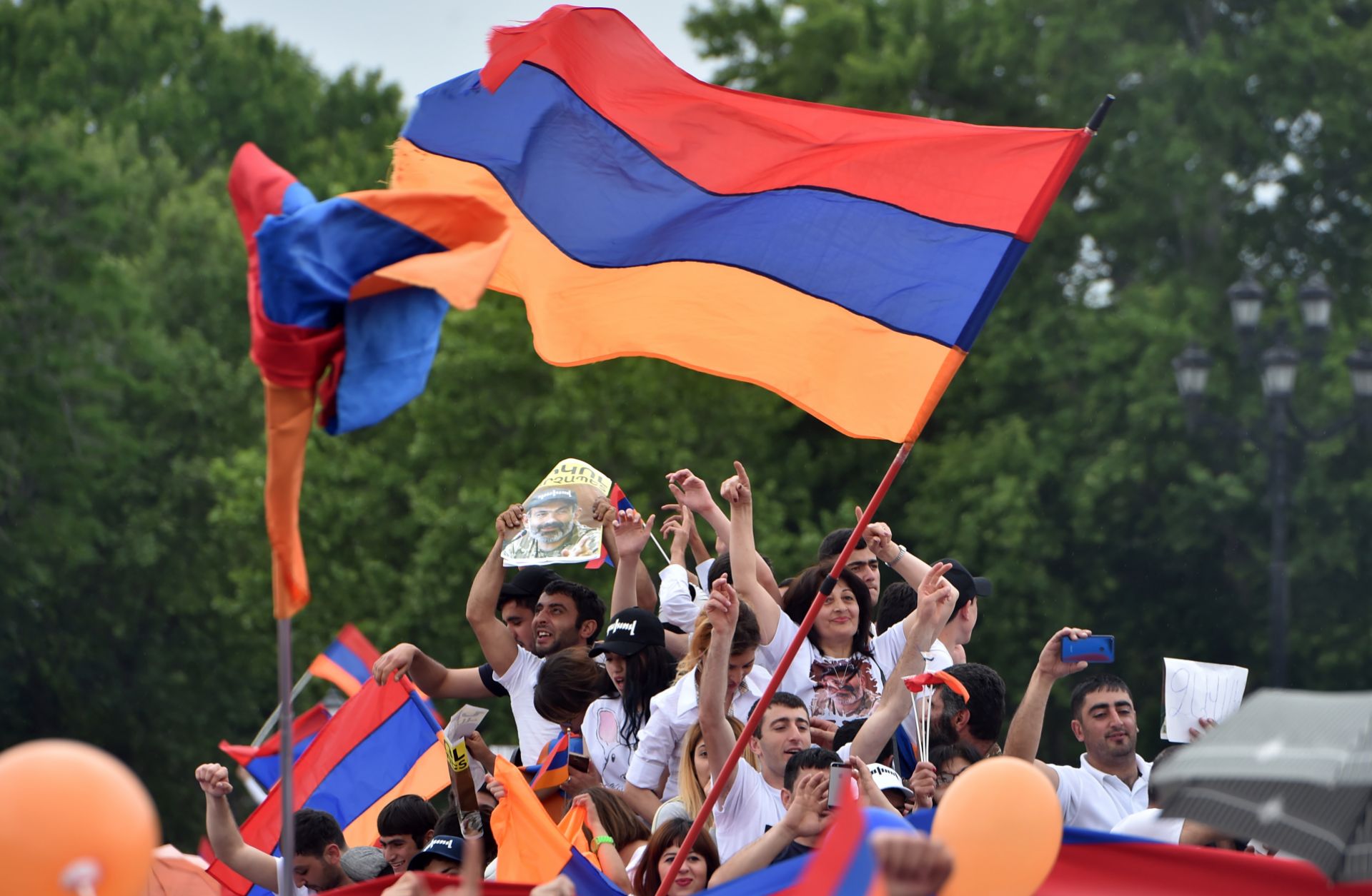 Supporters of Armenian Nikol Pashinian celebrate in Yerevan's Republic Square on May 8, 2018. Pashinian would go on to become prime minister.