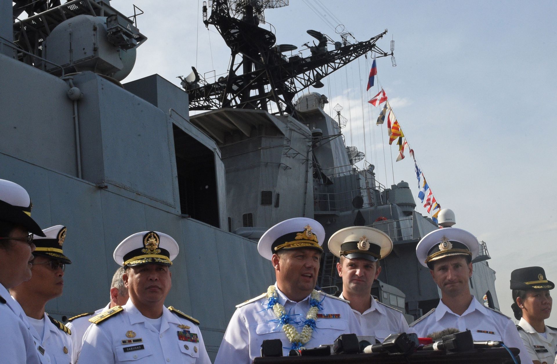 Rear Adm. Eduard Mikhailov, center, deputy commander of Russia's Pacific fleet, led a five-day visit of two Russian ships to the Philippines in January 2017.