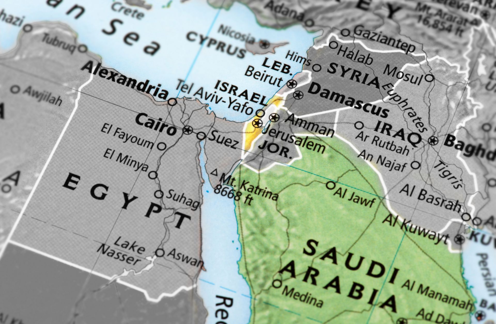 A map of Saudi Arabia and Israel