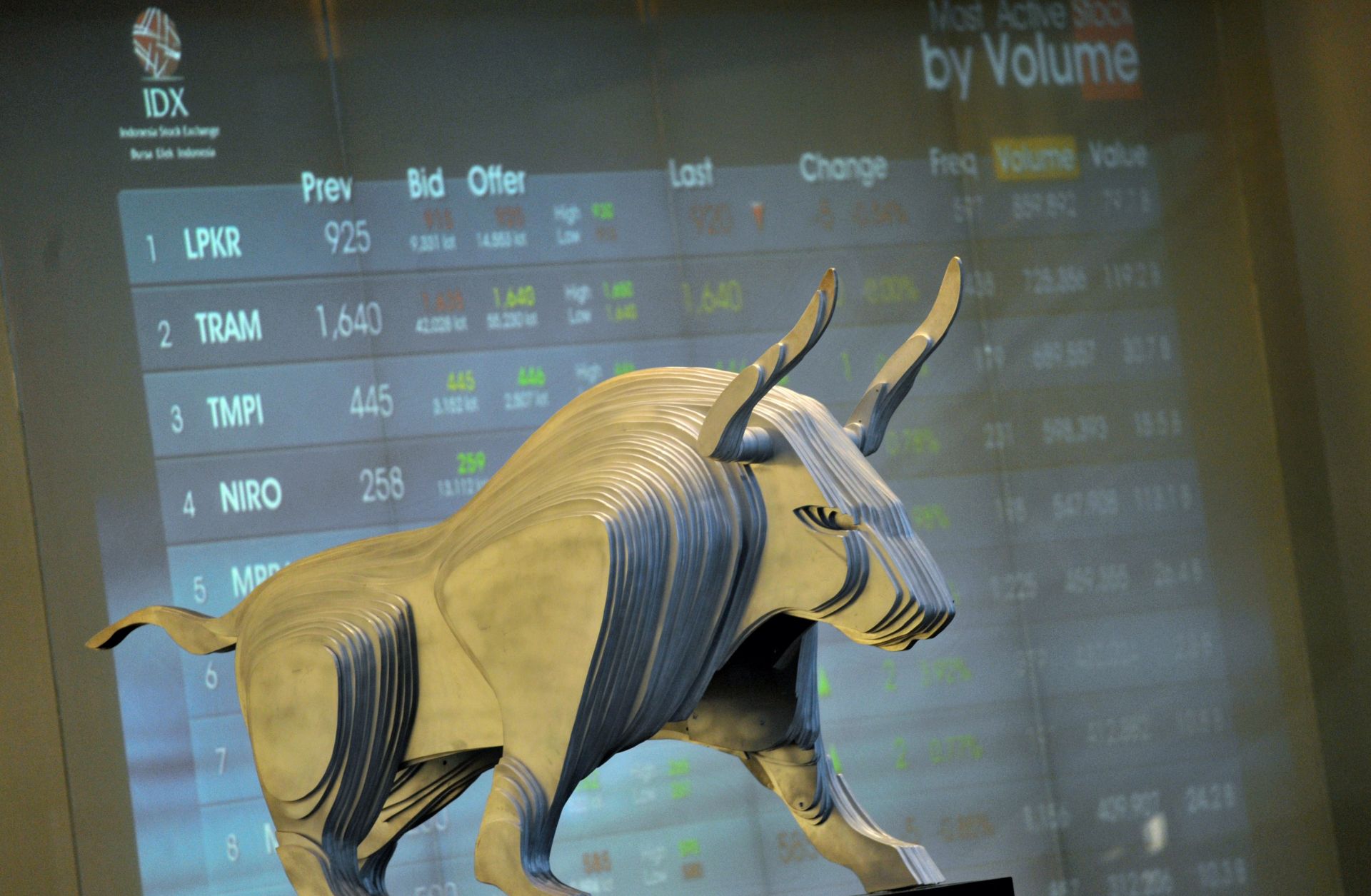 A modern iron sculpture of a bull stands in front of the Indonesia Stock Exchange display in Jakarta.