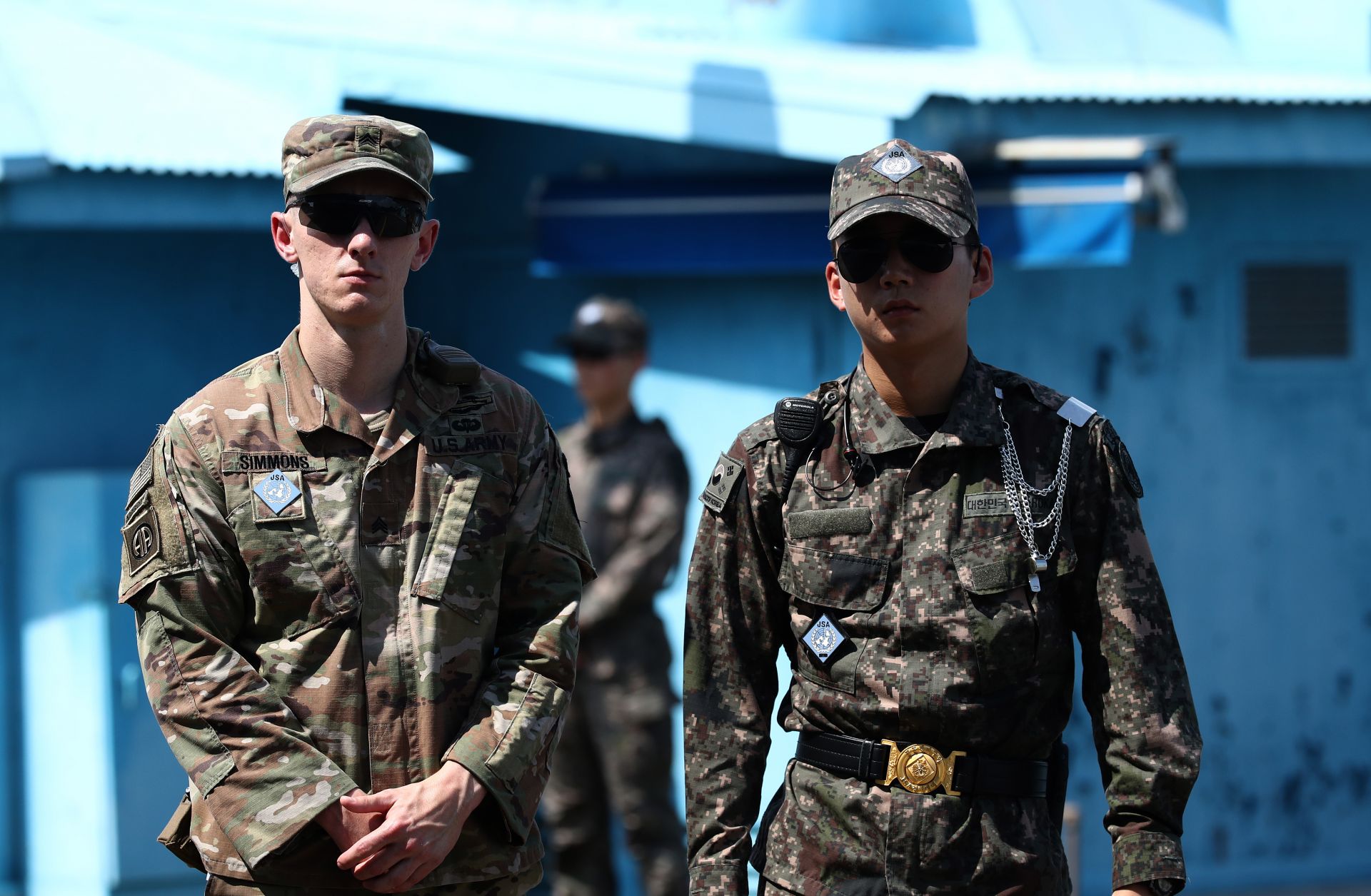A U.S. soldier (left) stands guard next to a South Korean soldier (right) in Panmunjom, South Korea, on July 27, 2019, during a ceremony commemorating the 66th anniversary of the signing of the Korean War Armistice Agreement. A U.S. soldier (left) stands guard next to a South Korean soldier (right) in Panmunjom, South Korea, on July 27, 2019, during a ceremony commemorating the 66th anniversary of the signing of the Korean War Armistice Agreement.